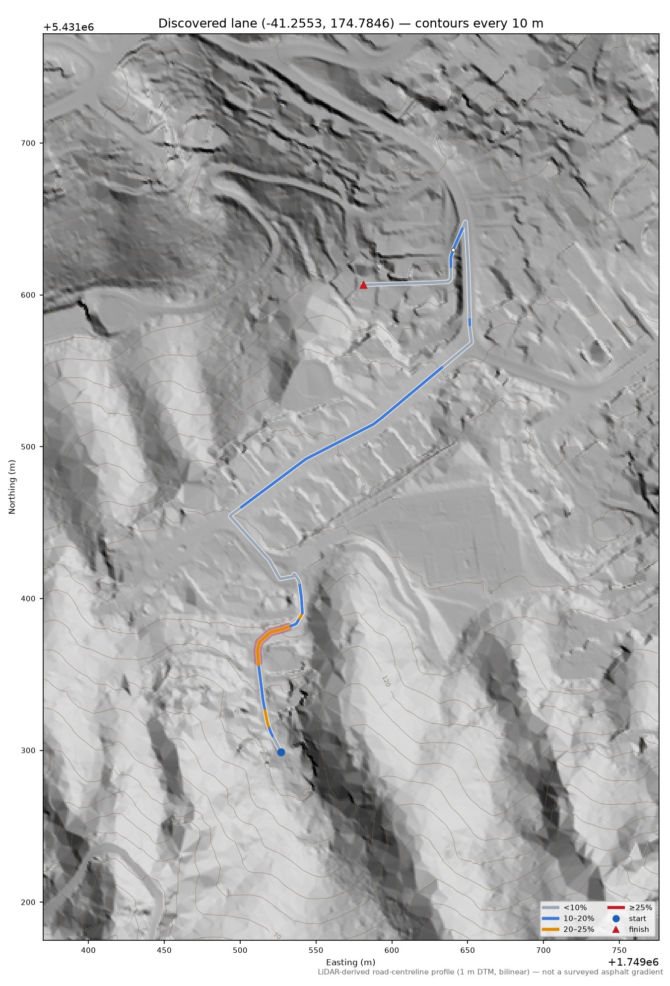 Discovered lane (-41.2553, 174.7846) LiDAR hillshade map with contours