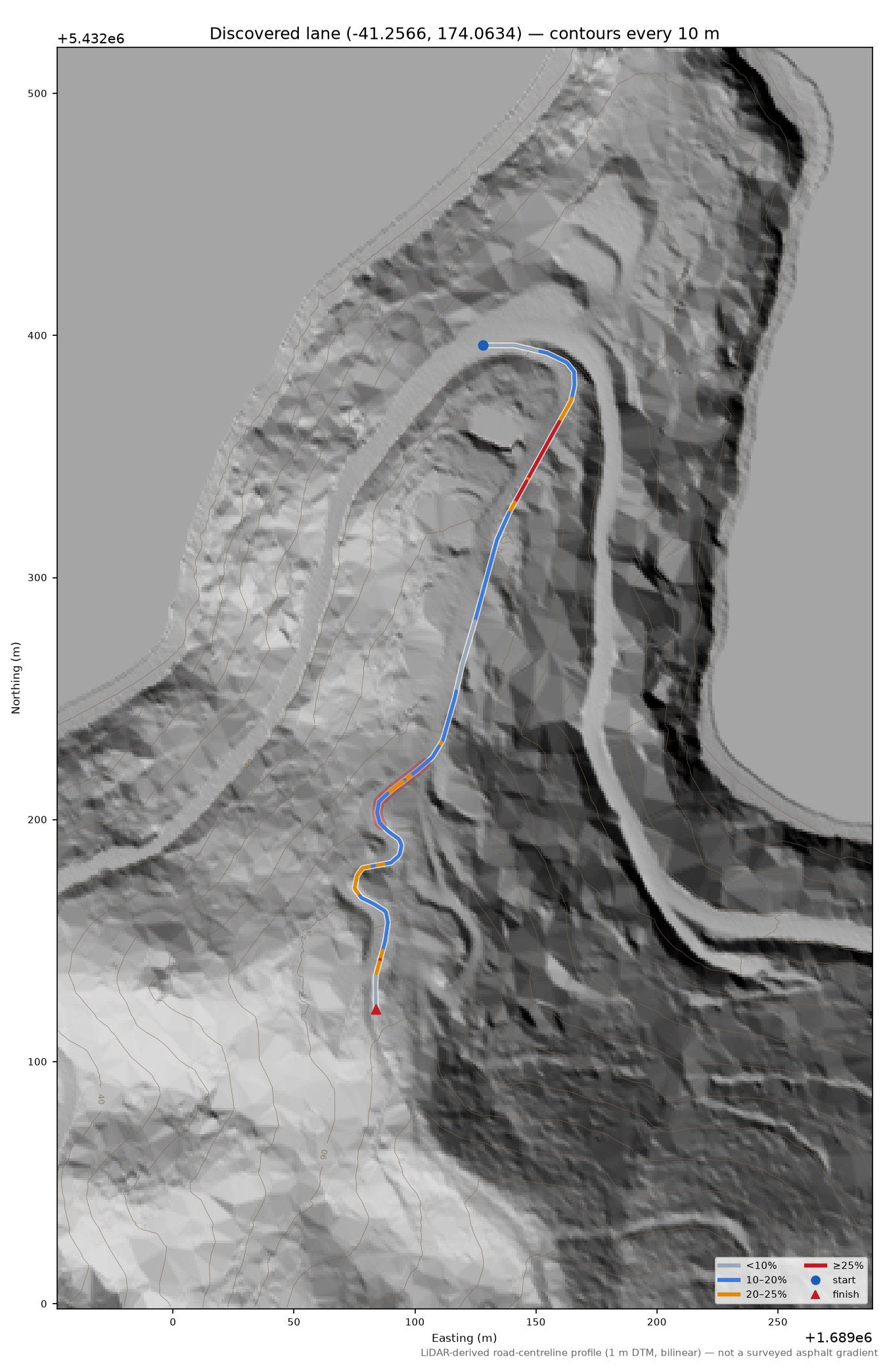 Discovered lane (-41.2566, 174.0634) LiDAR hillshade map with contours