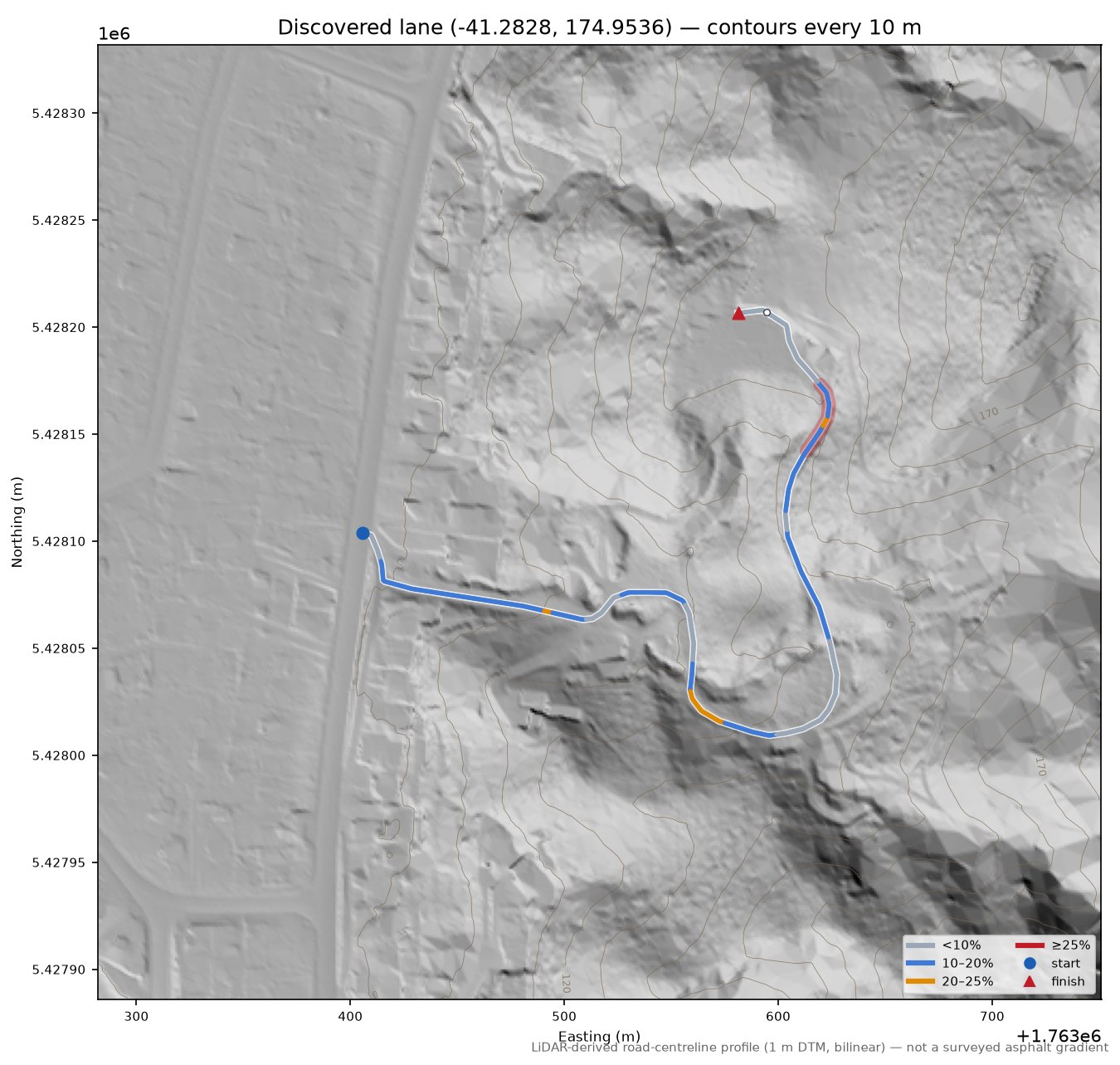 Discovered lane (-41.2828, 174.9536) LiDAR hillshade map with contours