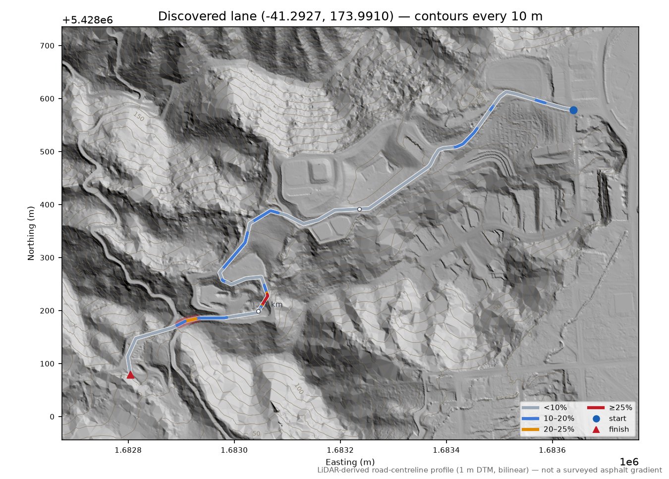 Discovered lane (-41.2927, 173.9910) LiDAR hillshade map with contours