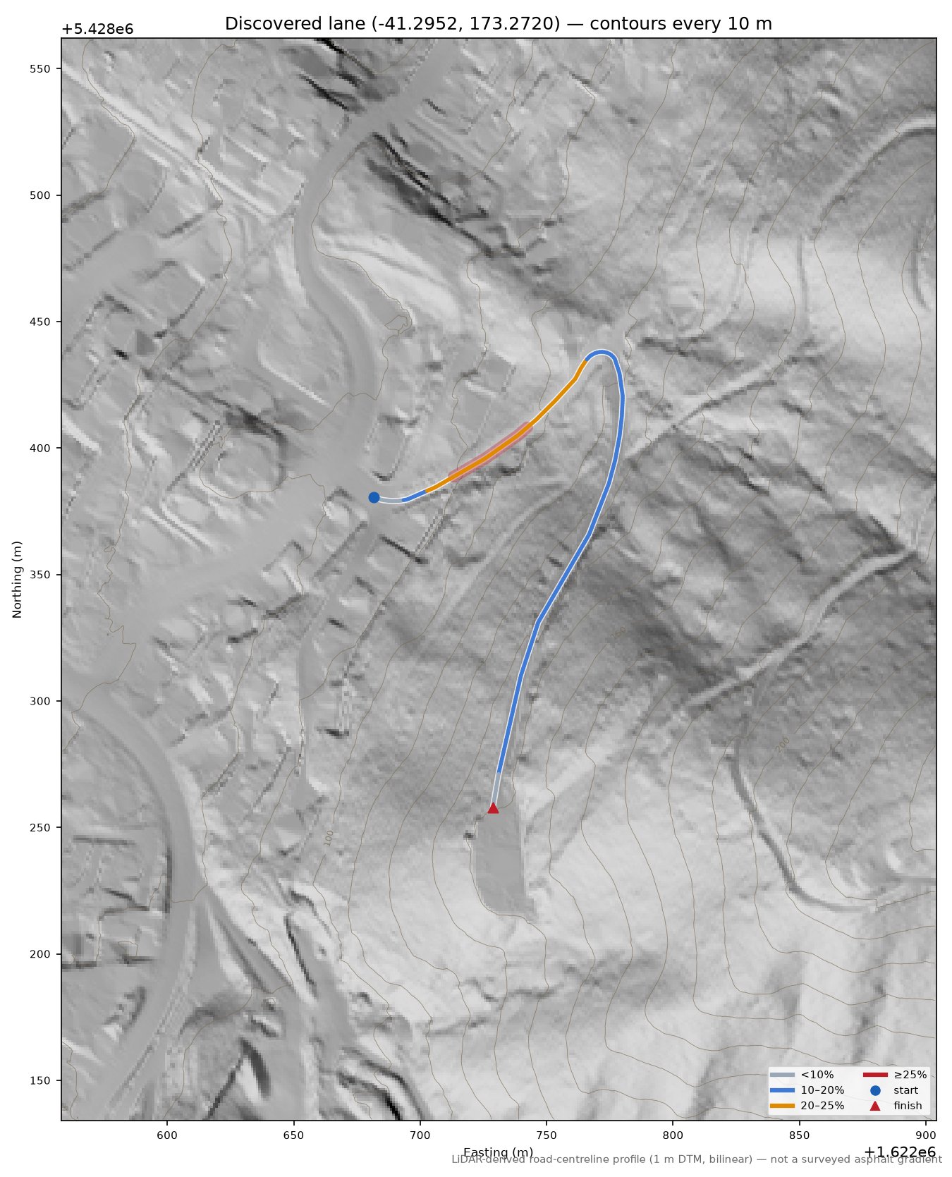 Discovered lane (-41.2952, 173.2720) LiDAR hillshade map with contours