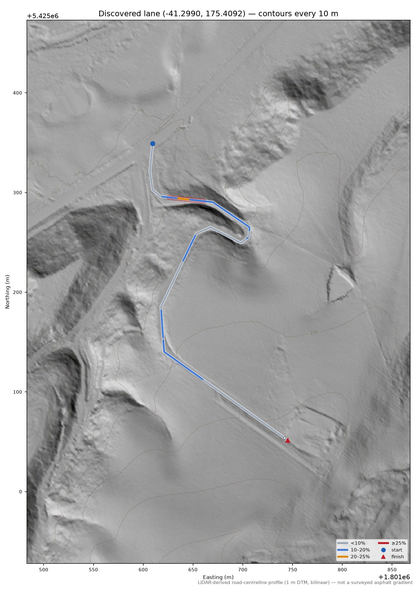 Discovered lane (-41.2990, 175.4092) LiDAR hillshade map with contours