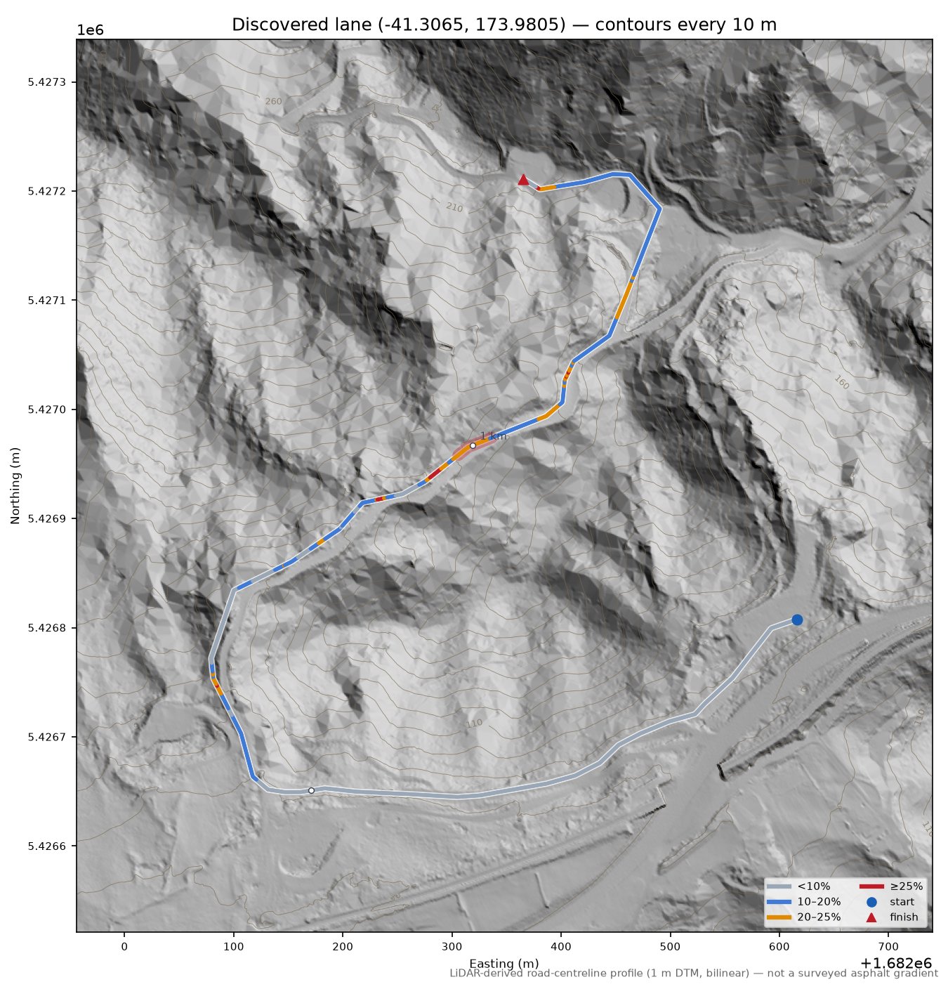 Discovered lane (-41.3065, 173.9805) LiDAR hillshade map with contours