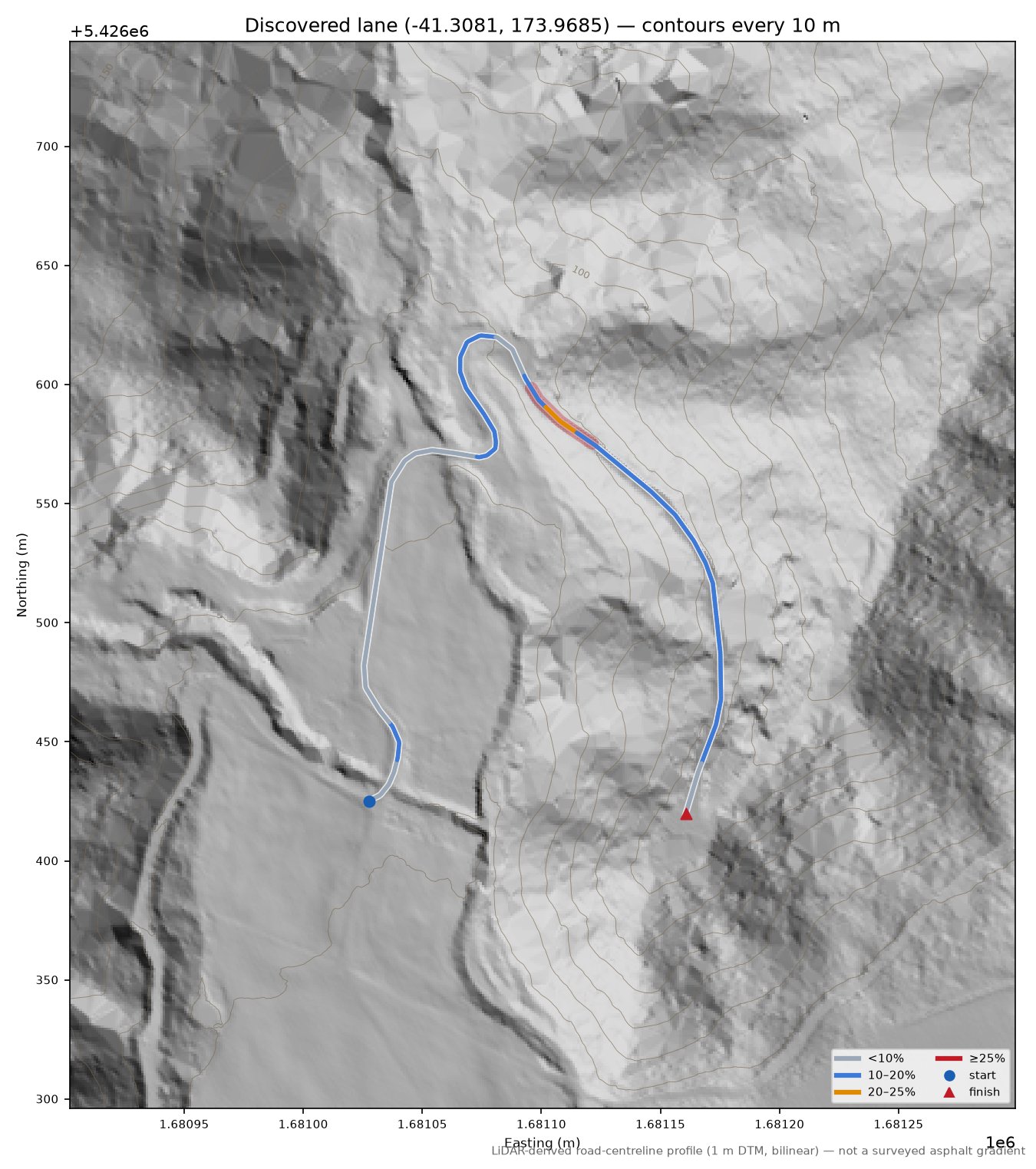 Discovered lane (-41.3081, 173.9685) LiDAR hillshade map with contours