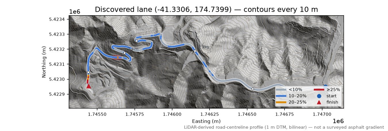 Discovered lane (-41.3306, 174.7399) LiDAR hillshade map with contours