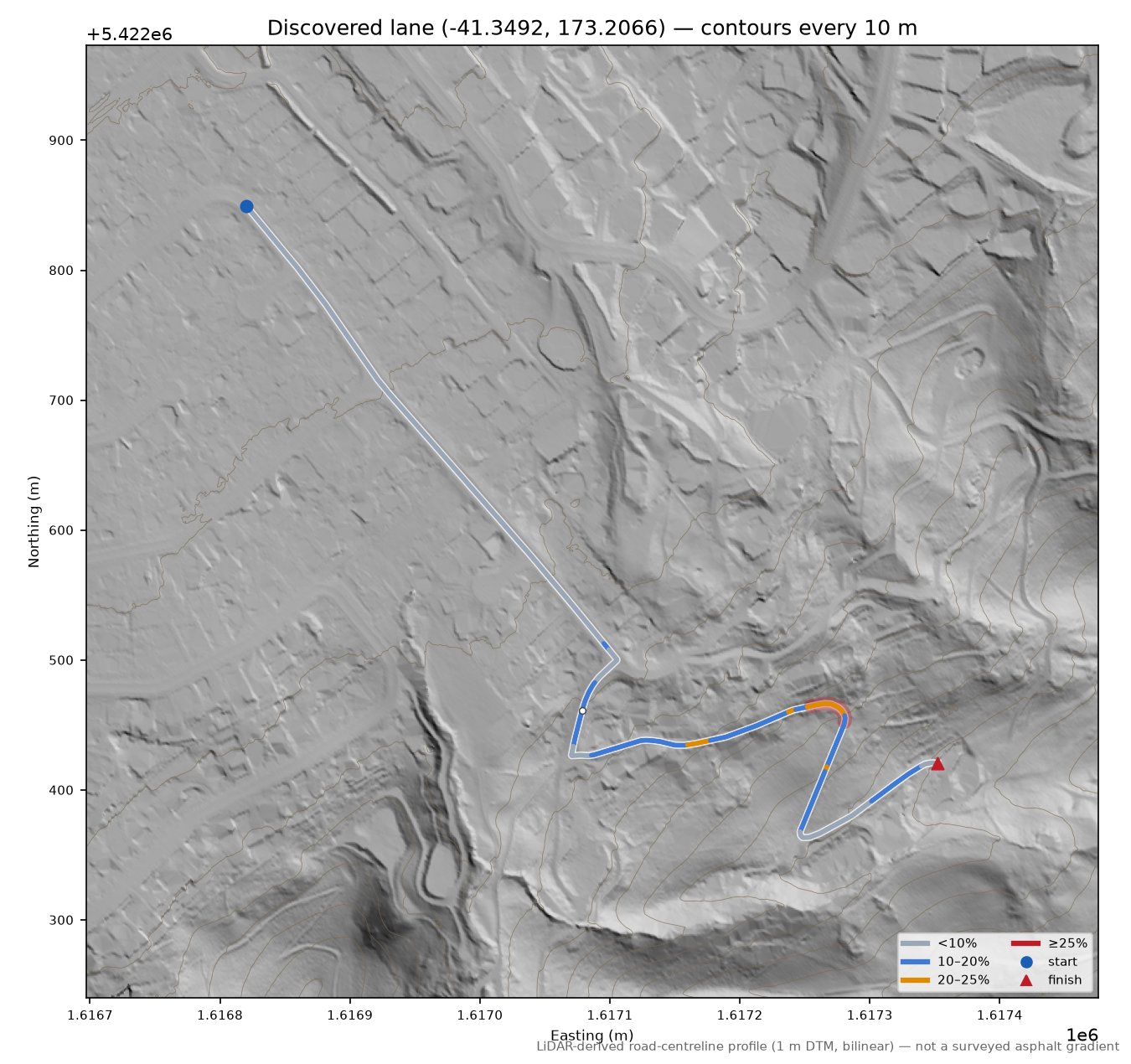 Discovered lane (-41.3492, 173.2066) LiDAR hillshade map with contours