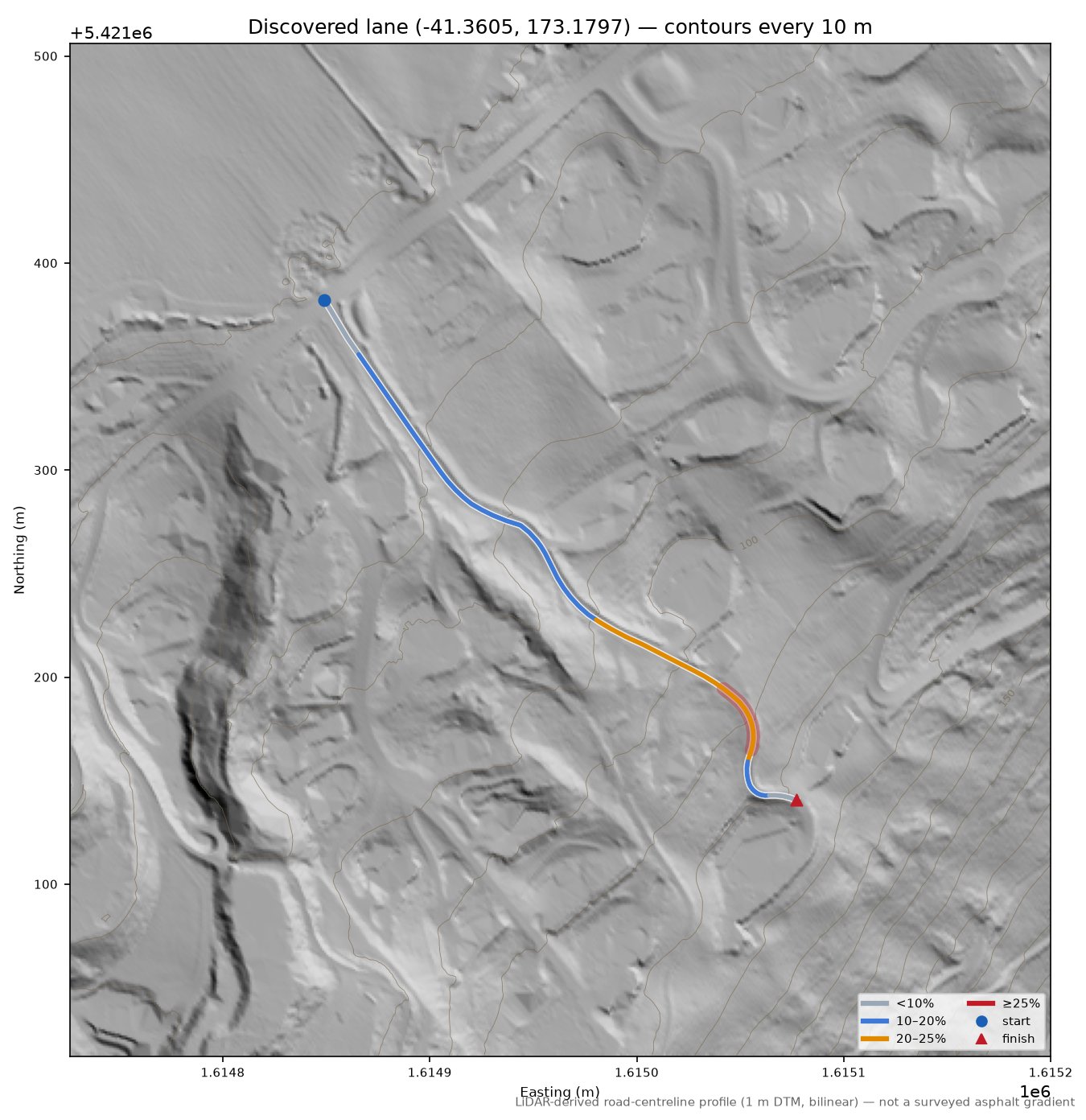 Discovered lane (-41.3605, 173.1797) LiDAR hillshade map with contours
