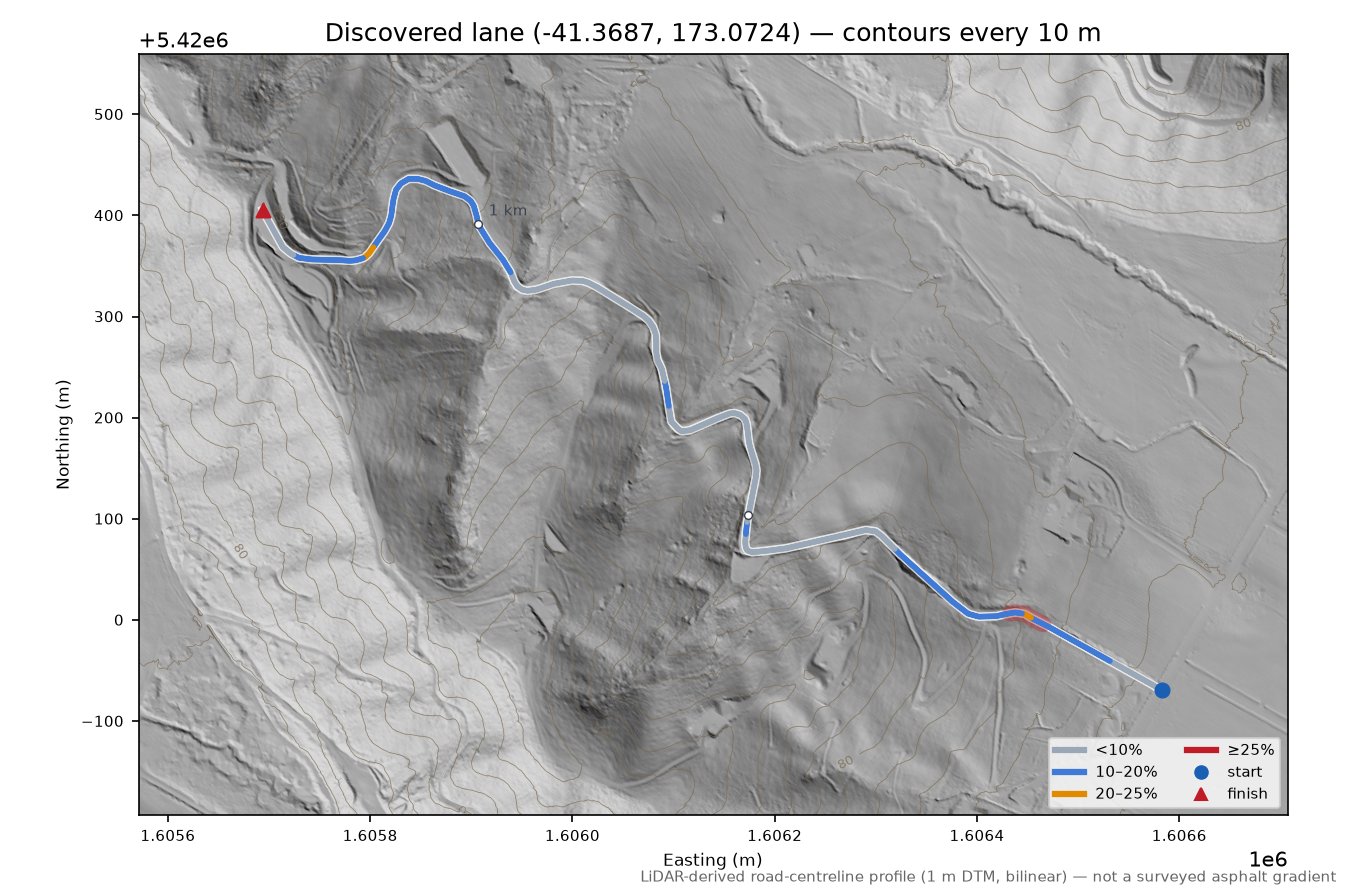 Discovered lane (-41.3687, 173.0724) LiDAR hillshade map with contours