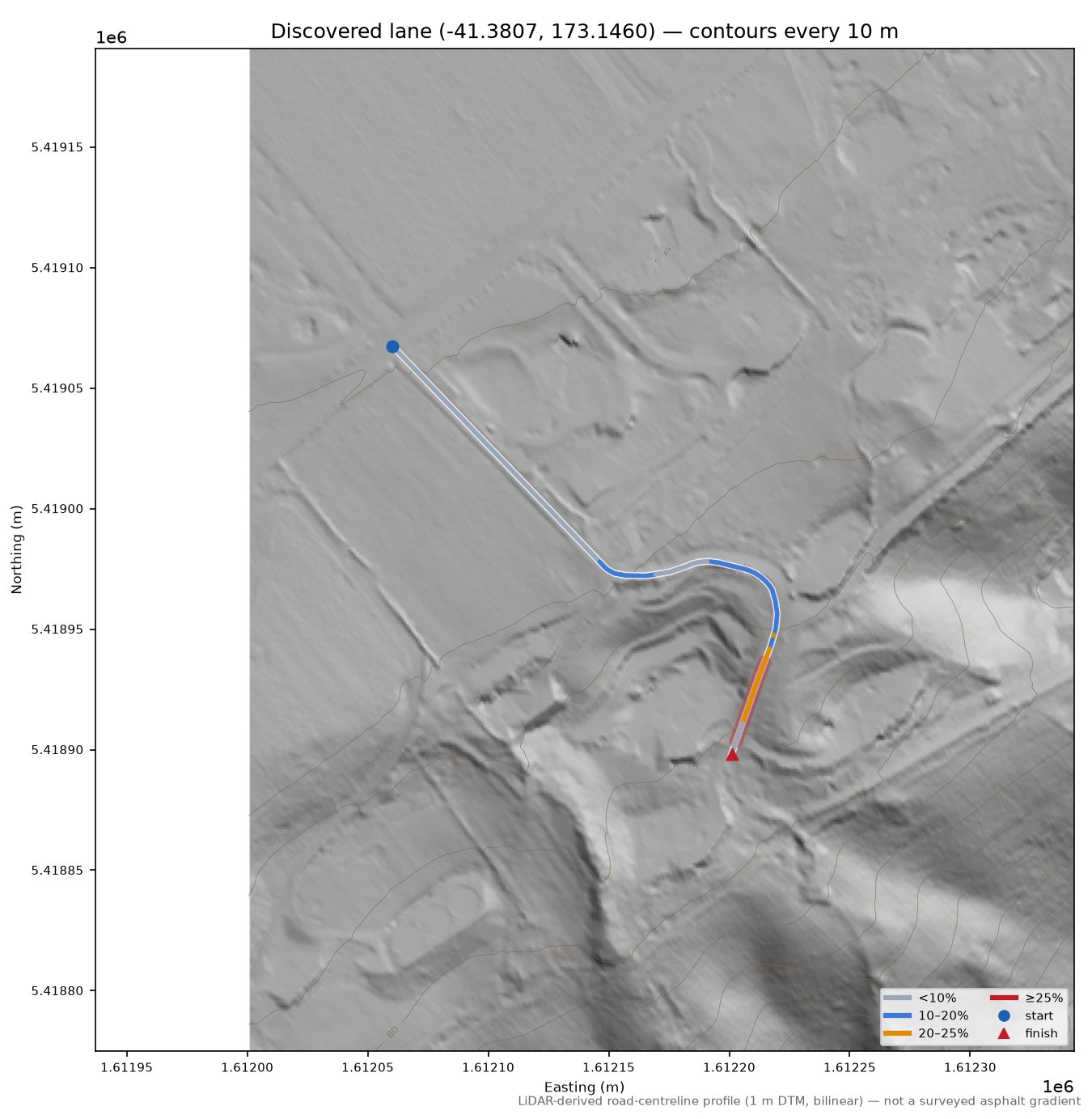 Discovered lane (-41.3807, 173.1460) LiDAR hillshade map with contours