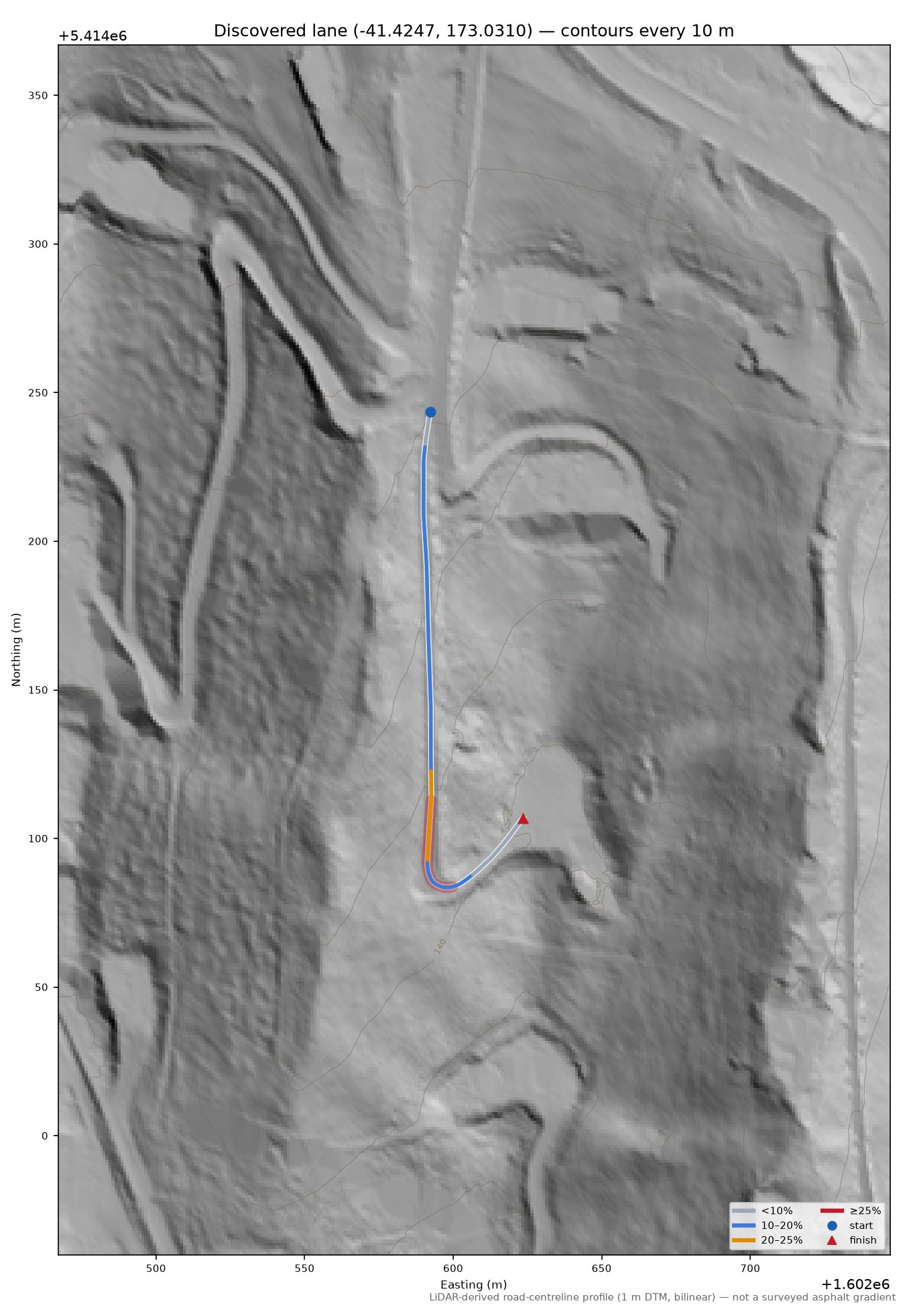 Discovered lane (-41.4247, 173.0310) LiDAR hillshade map with contours