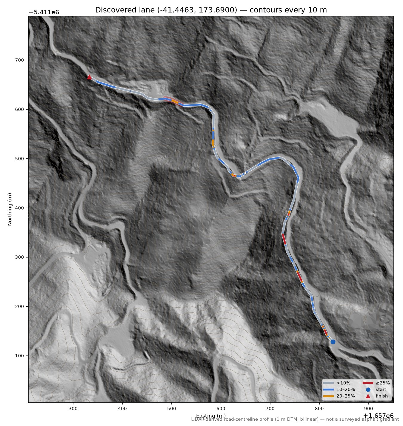 Discovered lane (-41.4463, 173.6900) LiDAR hillshade map with contours
