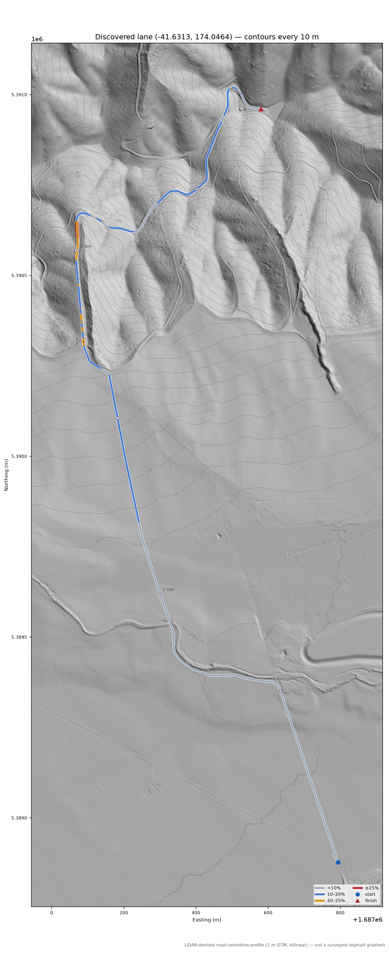Discovered lane (-41.6313, 174.0464) LiDAR hillshade map with contours