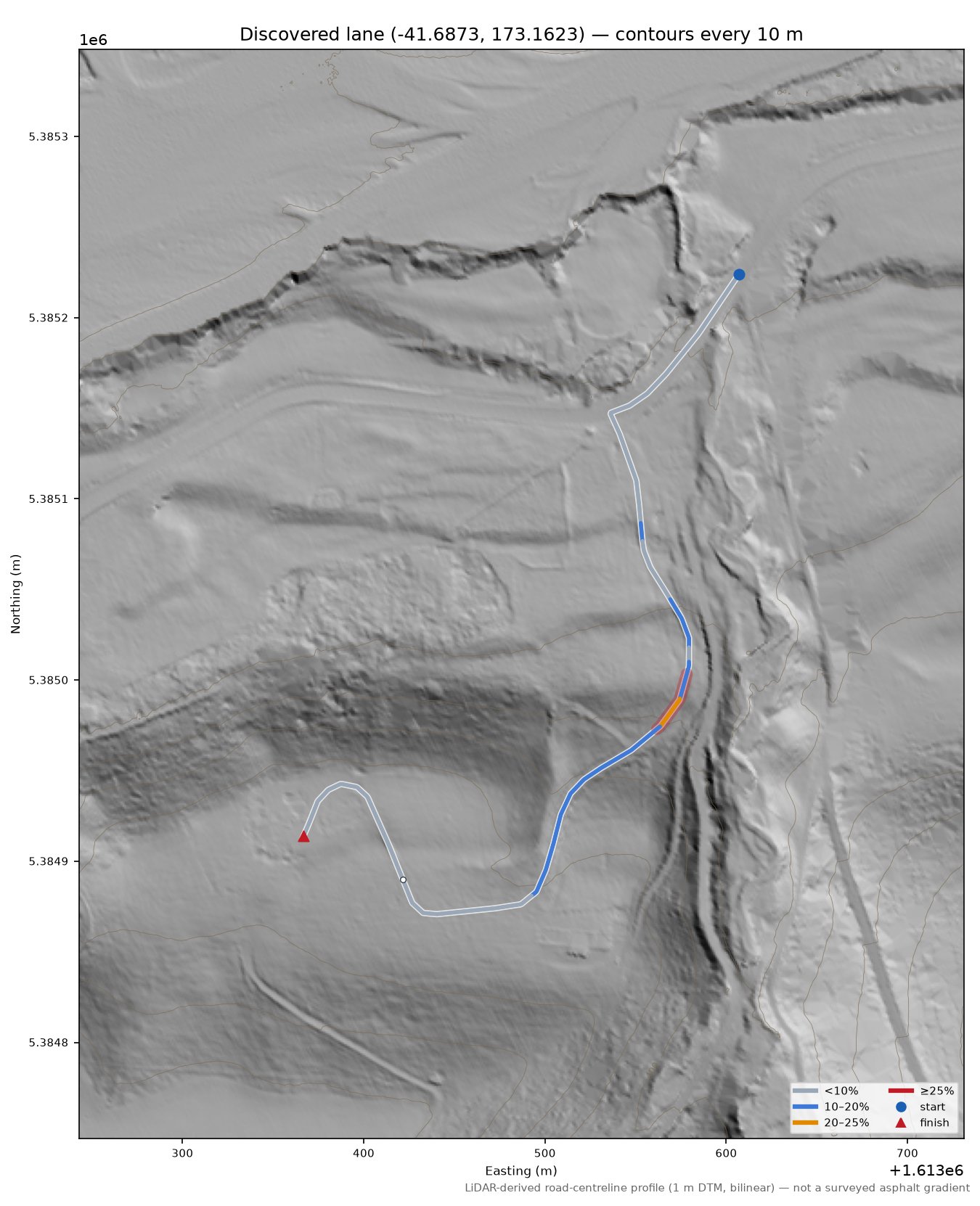 Discovered lane (-41.6873, 173.1623) LiDAR hillshade map with contours