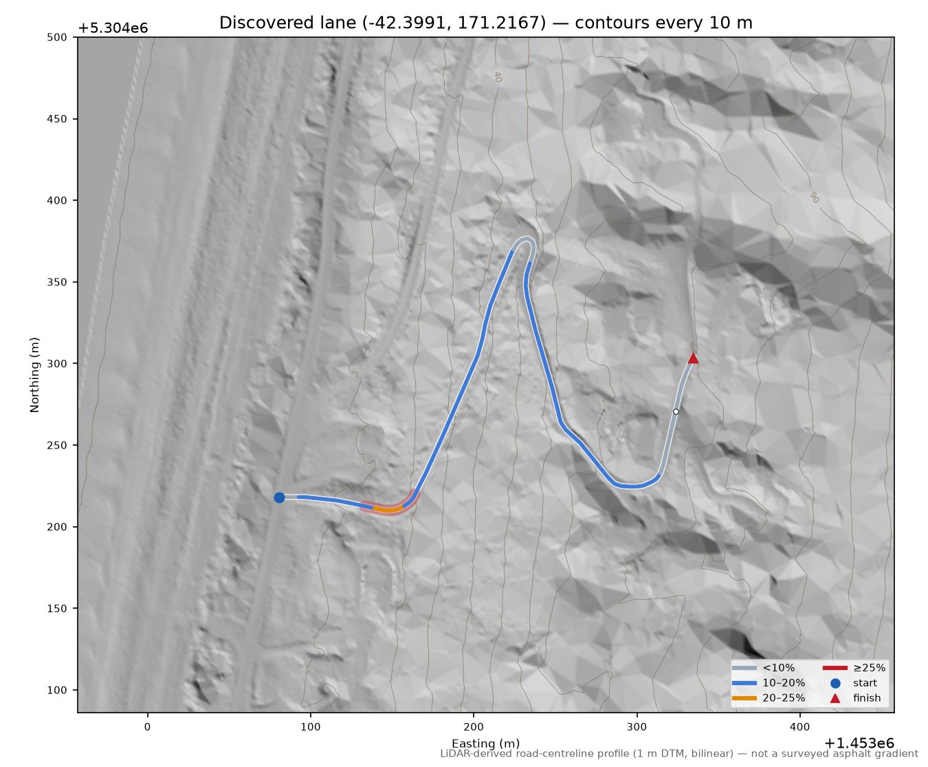 Discovered lane (-42.3991, 171.2167) LiDAR hillshade map with contours