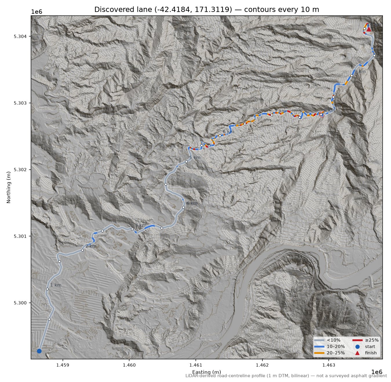 Discovered lane (-42.4184, 171.3119) LiDAR hillshade map with contours
