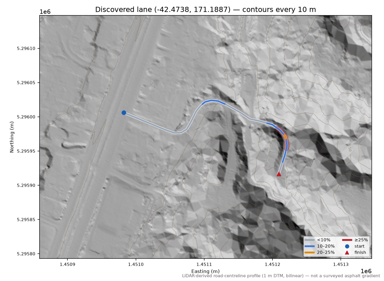 Discovered lane (-42.4738, 171.1887) LiDAR hillshade map with contours