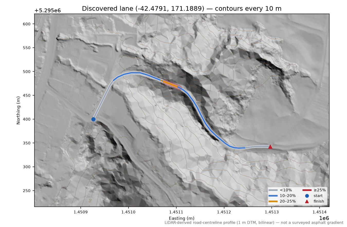 Discovered lane (-42.4791, 171.1889) LiDAR hillshade map with contours
