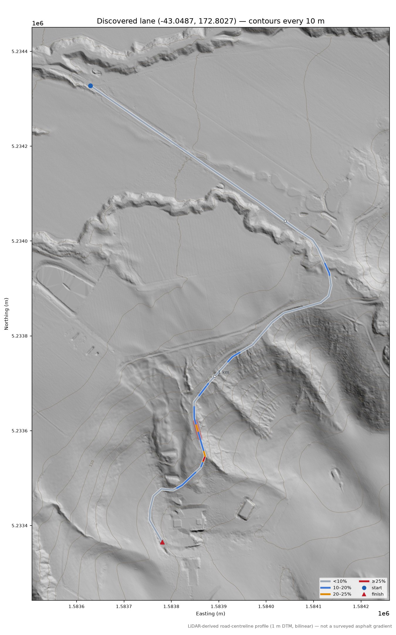 Discovered lane (-43.0487, 172.8027) LiDAR hillshade map with contours