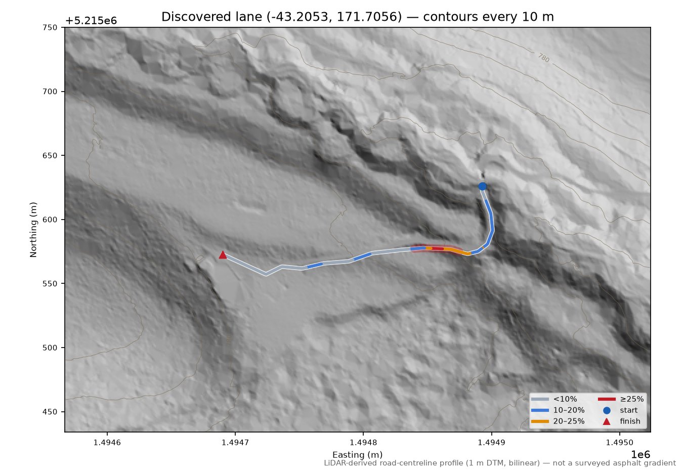 Discovered lane (-43.2053, 171.7056) LiDAR hillshade map with contours