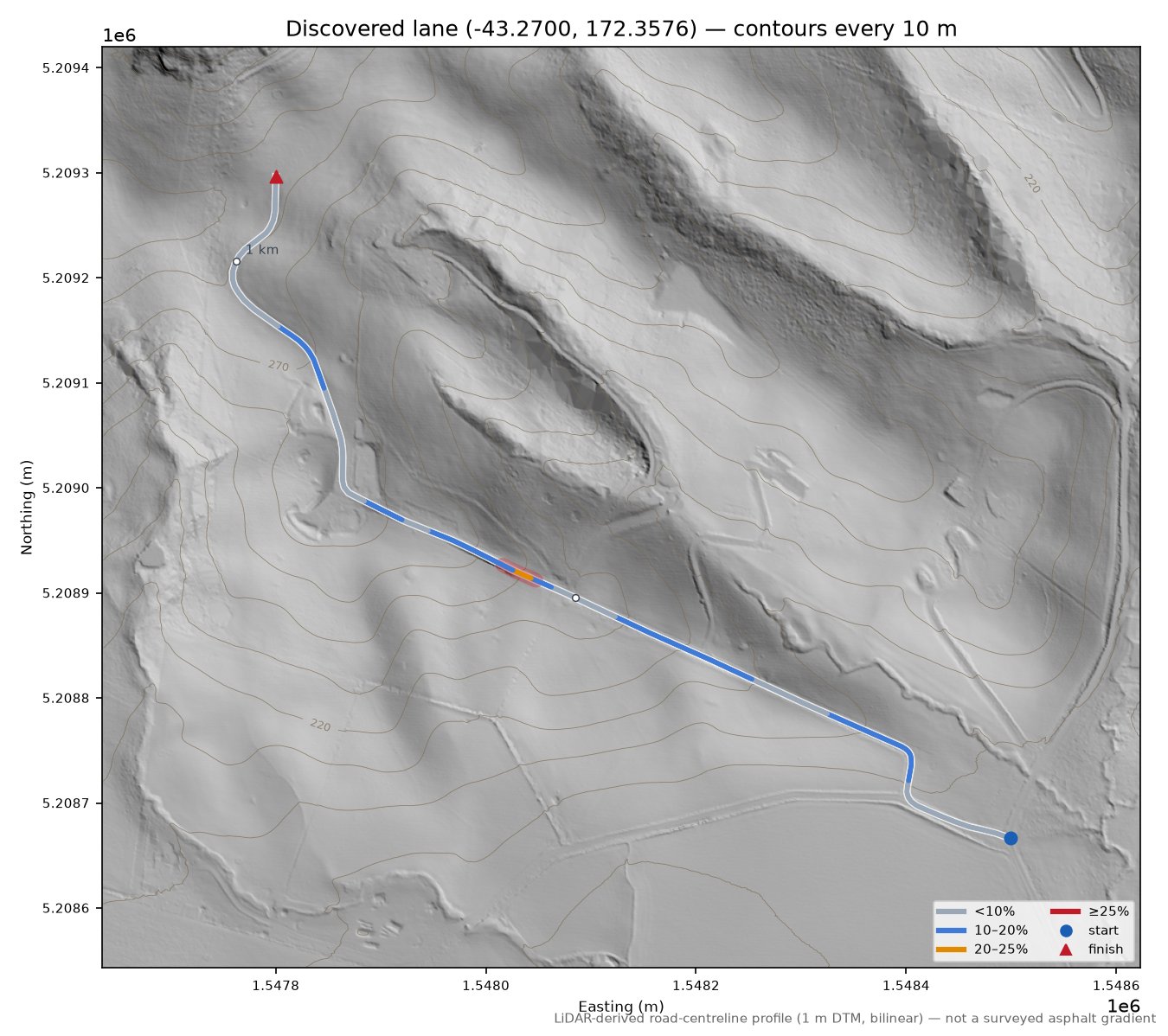 Discovered lane (-43.2700, 172.3576) LiDAR hillshade map with contours