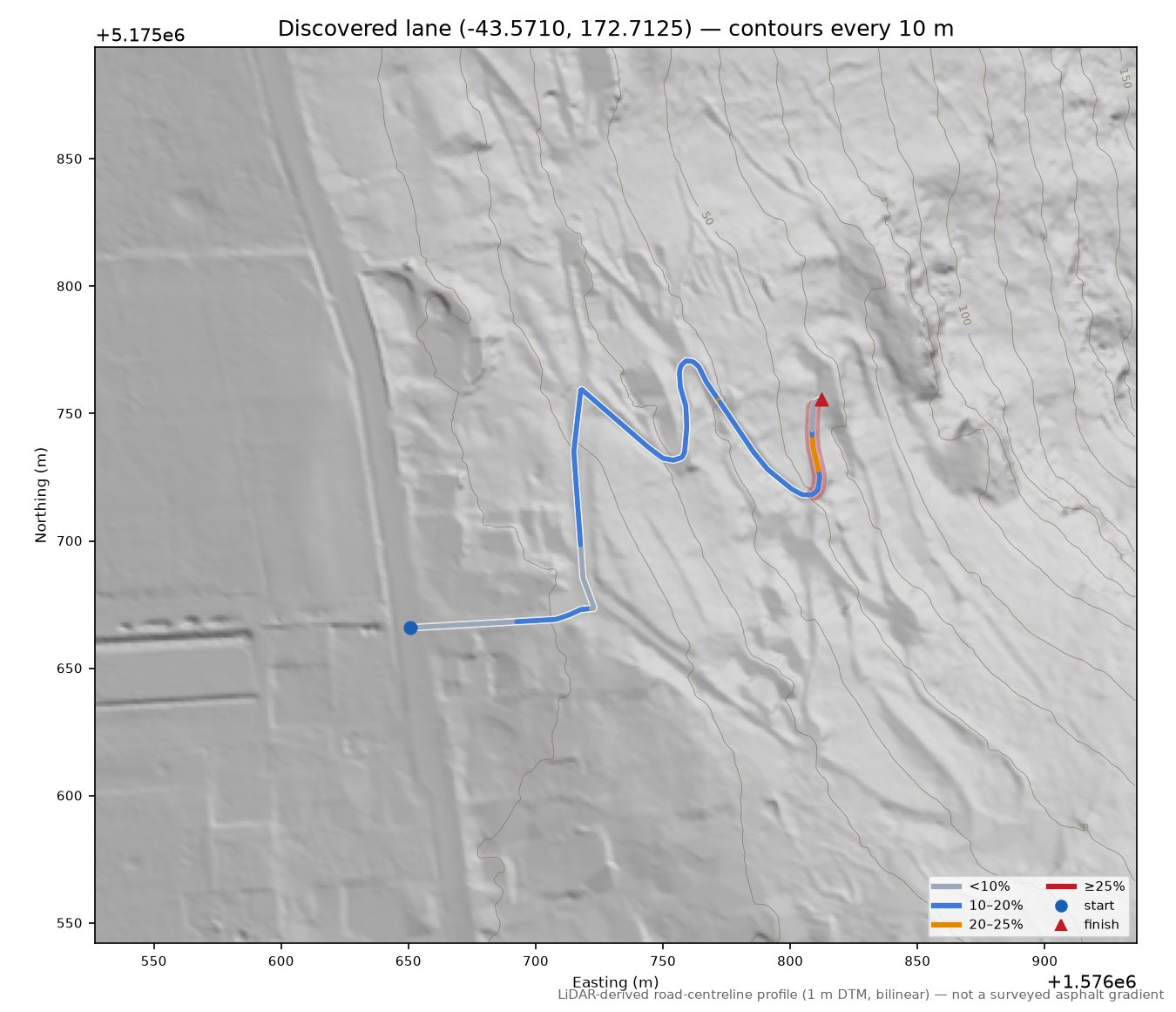 Discovered lane (-43.5710, 172.7125) LiDAR hillshade map with contours