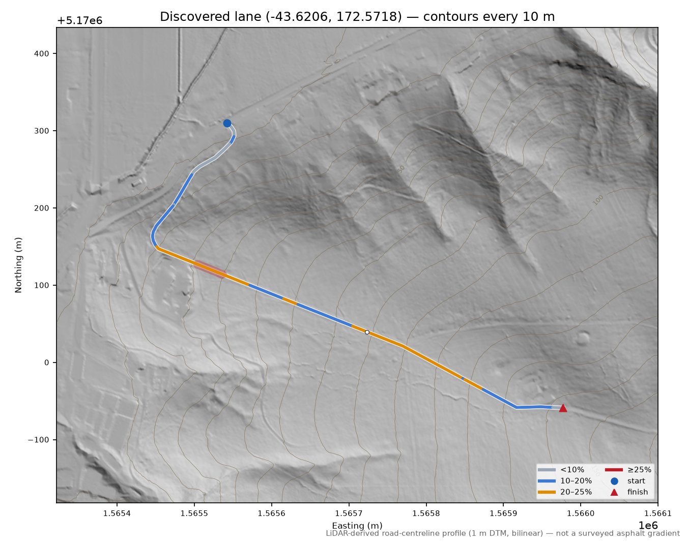 Discovered lane (-43.6206, 172.5718) LiDAR hillshade map with contours