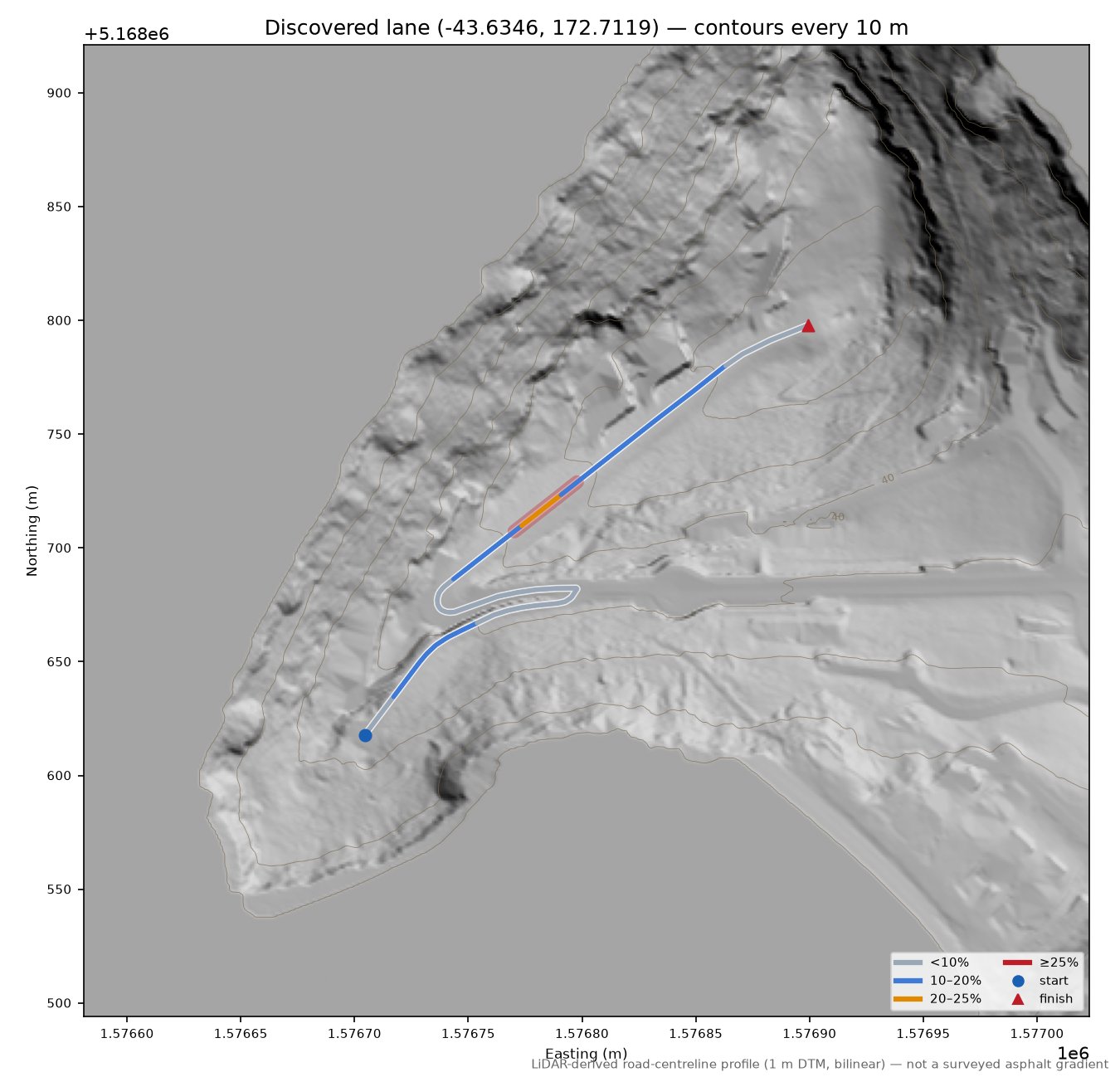 Discovered lane (-43.6346, 172.7119) LiDAR hillshade map with contours