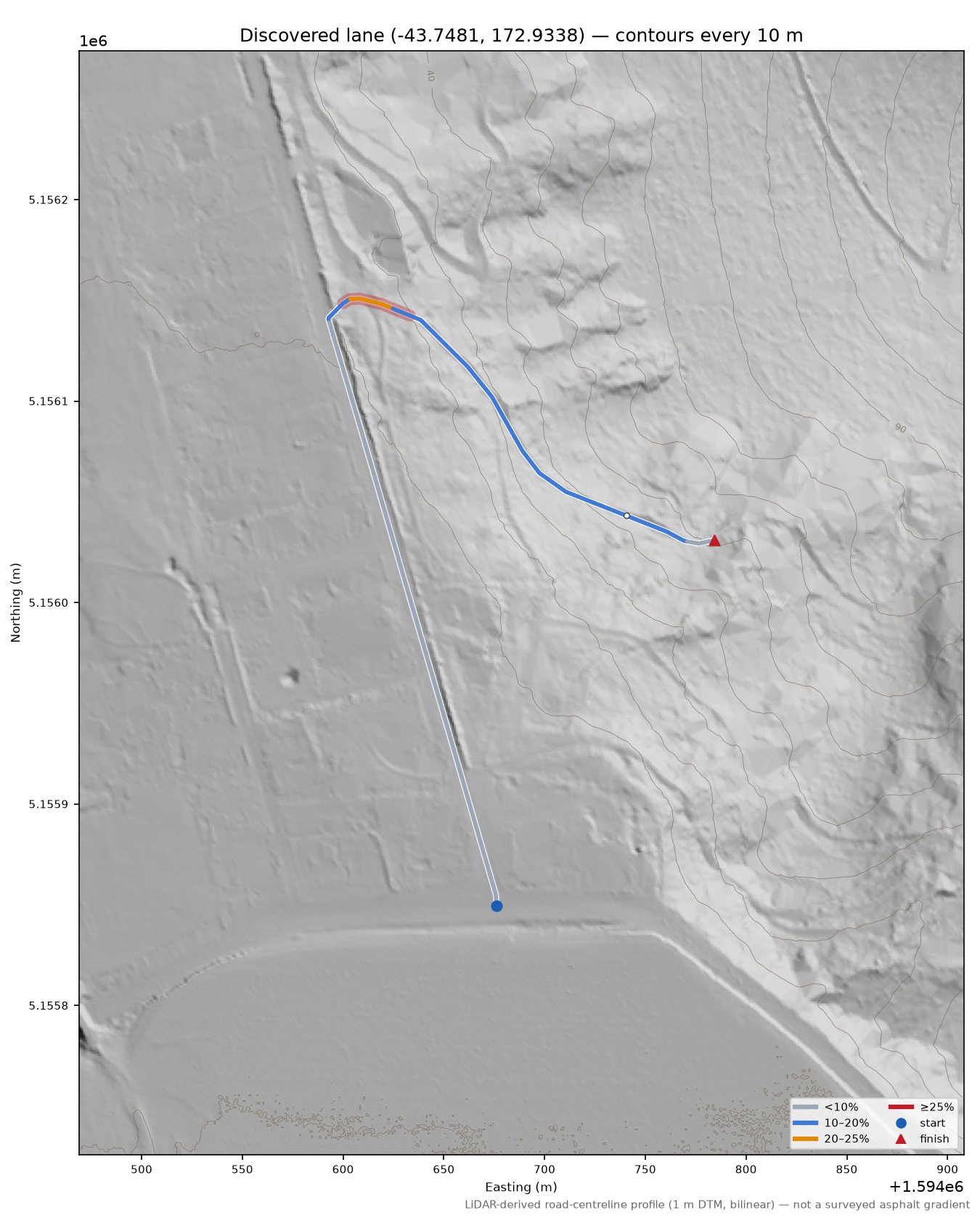 Discovered lane (-43.7481, 172.9338) LiDAR hillshade map with contours