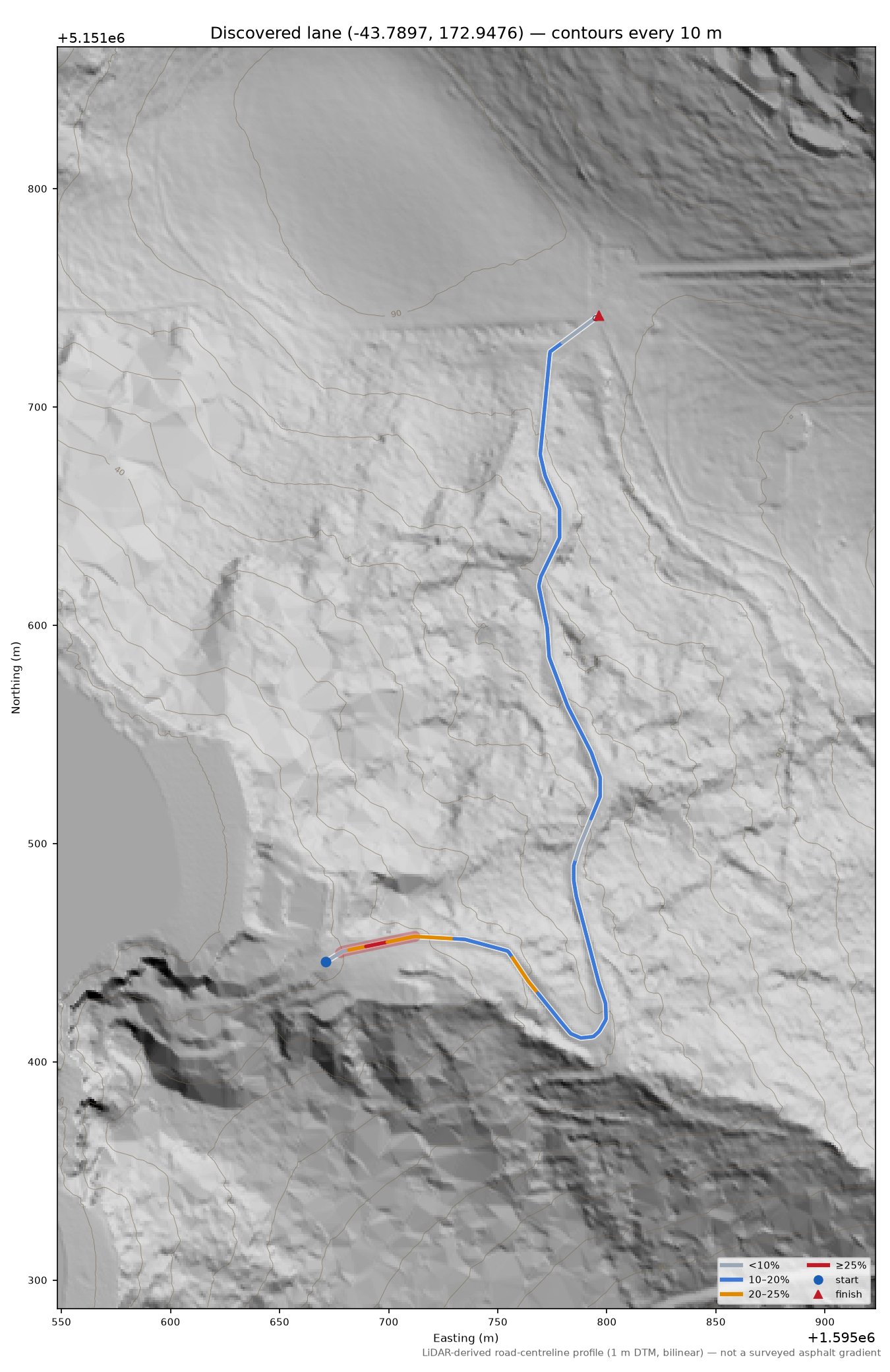 Discovered lane (-43.7897, 172.9476) LiDAR hillshade map with contours