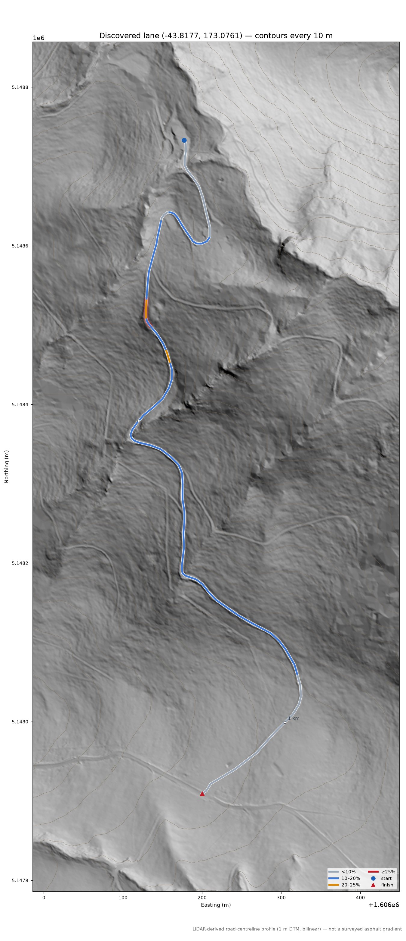Discovered lane (-43.8177, 173.0761) LiDAR hillshade map with contours