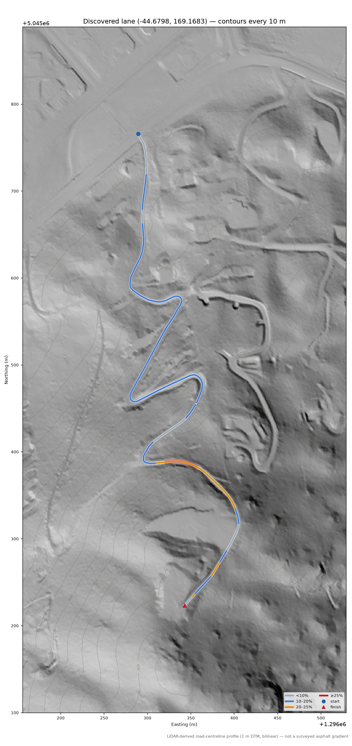 Discovered lane (-44.6798, 169.1683) LiDAR hillshade map with contours