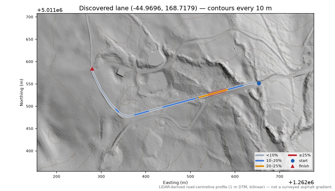 Discovered lane (-44.9696, 168.7179) LiDAR hillshade map with contours