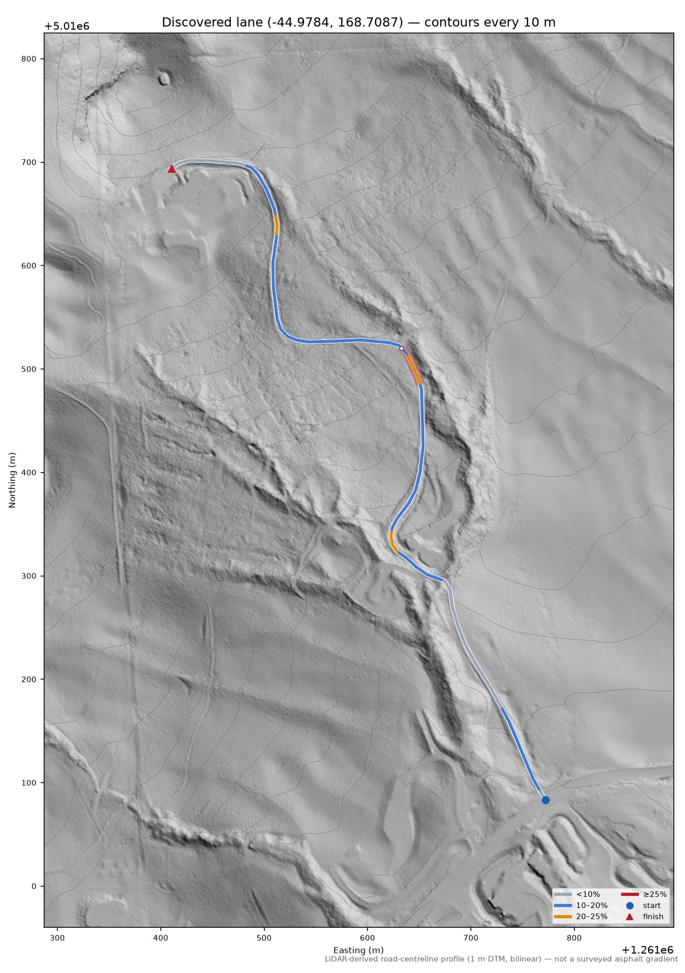 Discovered lane (-44.9784, 168.7087) LiDAR hillshade map with contours