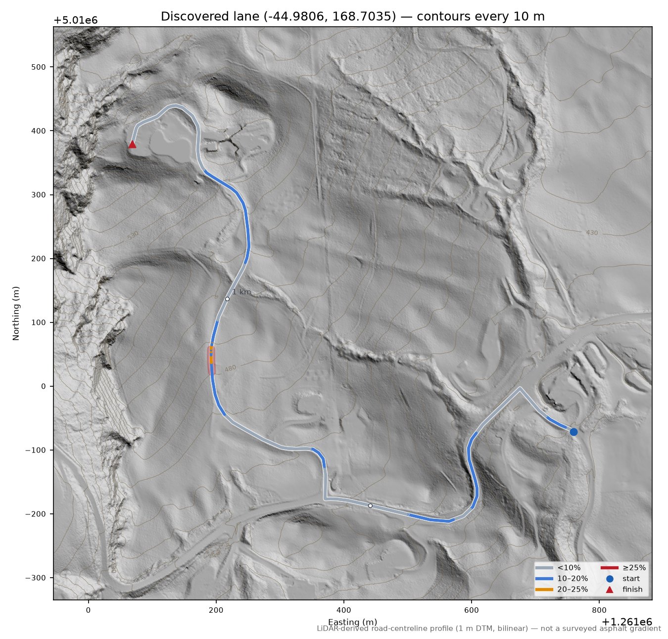 Discovered lane (-44.9806, 168.7035) LiDAR hillshade map with contours