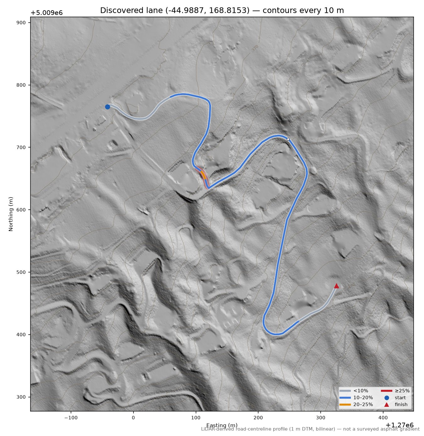 Discovered lane (-44.9887, 168.8153) LiDAR hillshade map with contours