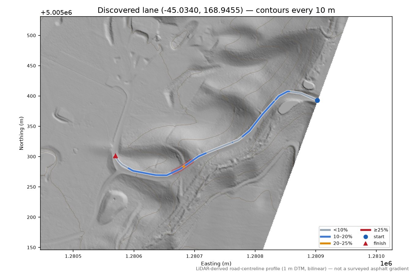 Discovered lane (-45.0340, 168.9455) LiDAR hillshade map with contours