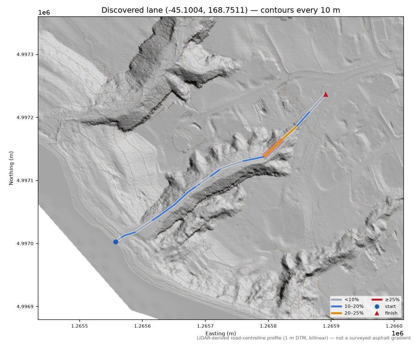 Discovered lane (-45.1004, 168.7511) LiDAR hillshade map with contours