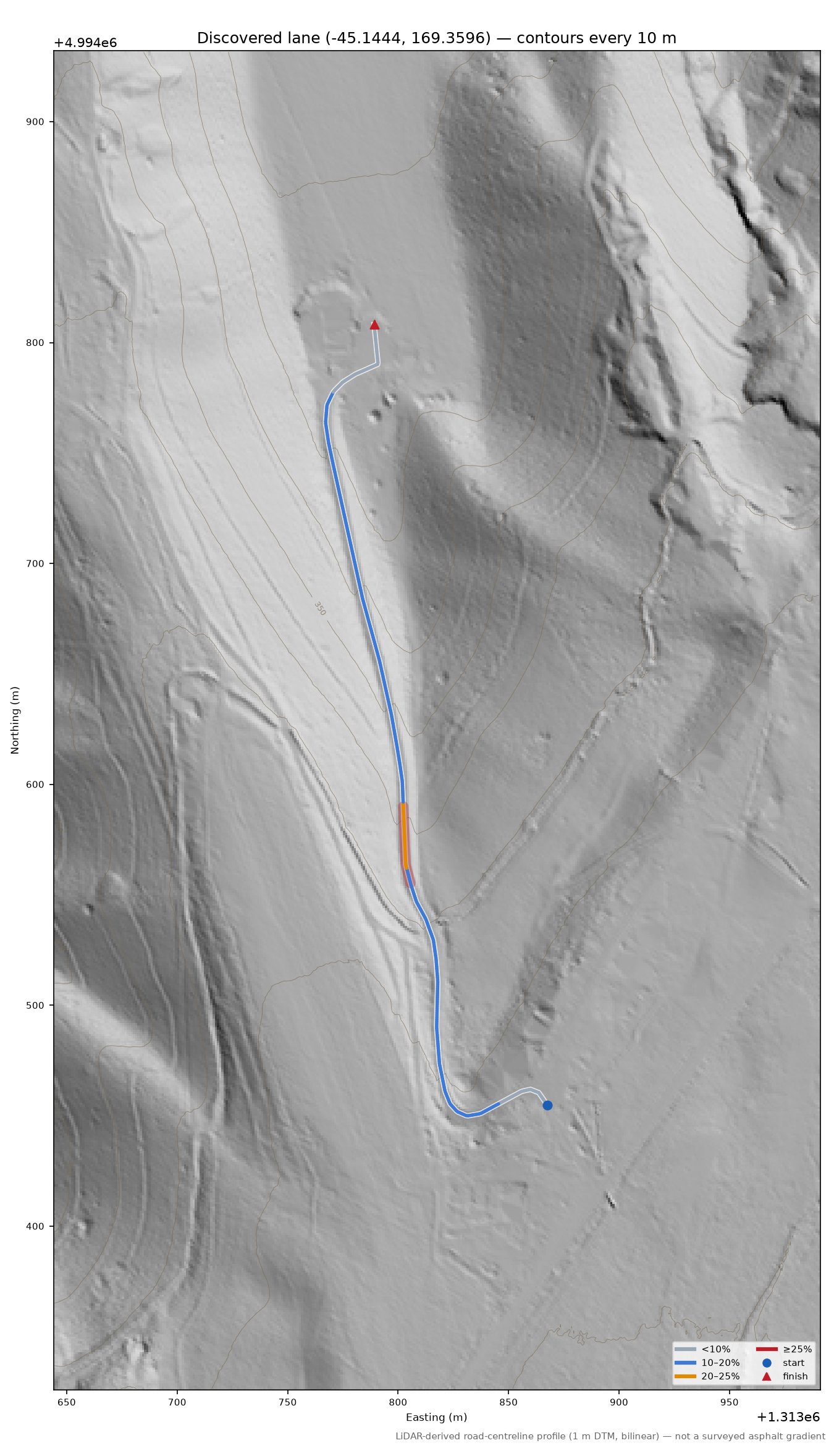 Discovered lane (-45.1444, 169.3596) LiDAR hillshade map with contours