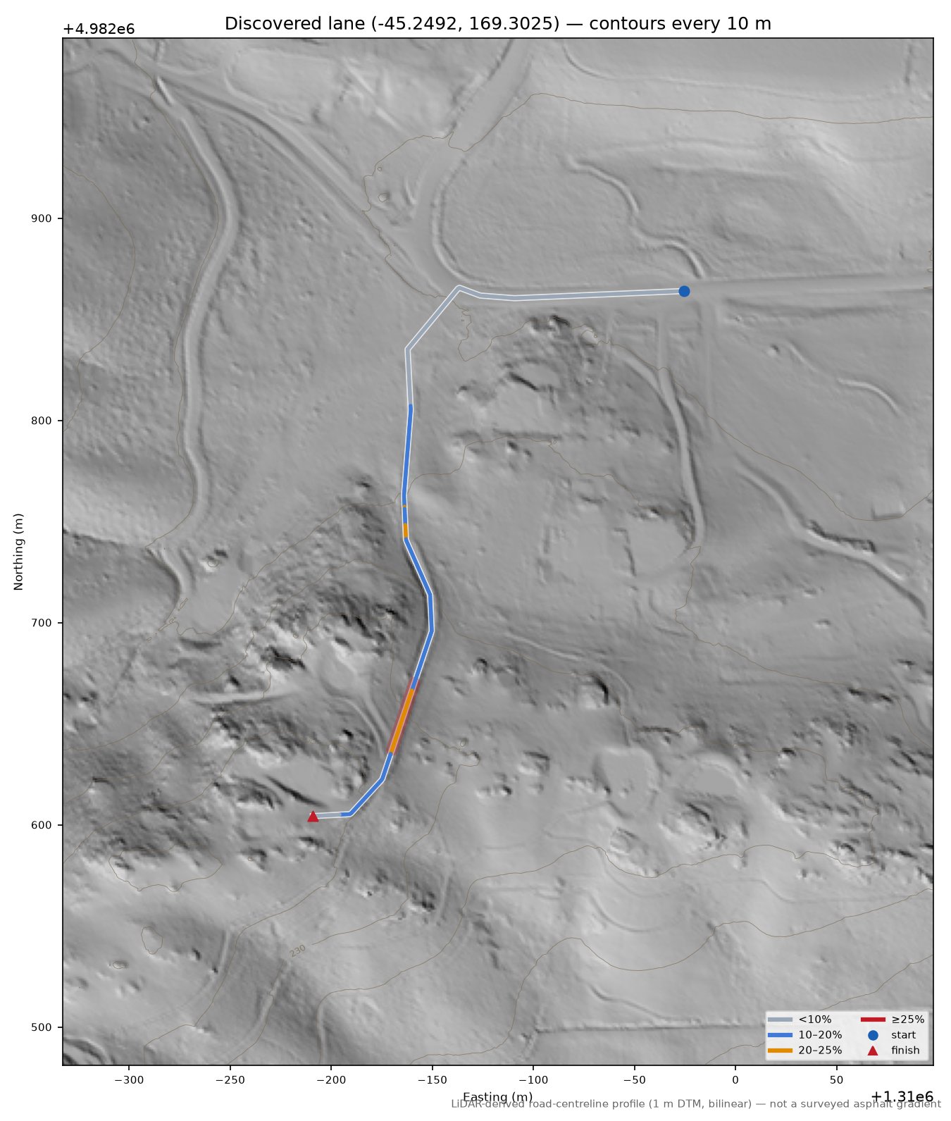 Discovered lane (-45.2492, 169.3025) LiDAR hillshade map with contours