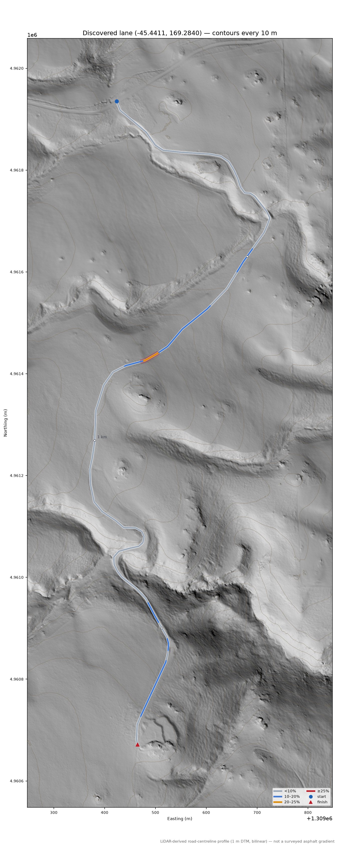 Discovered lane (-45.4411, 169.2840) LiDAR hillshade map with contours