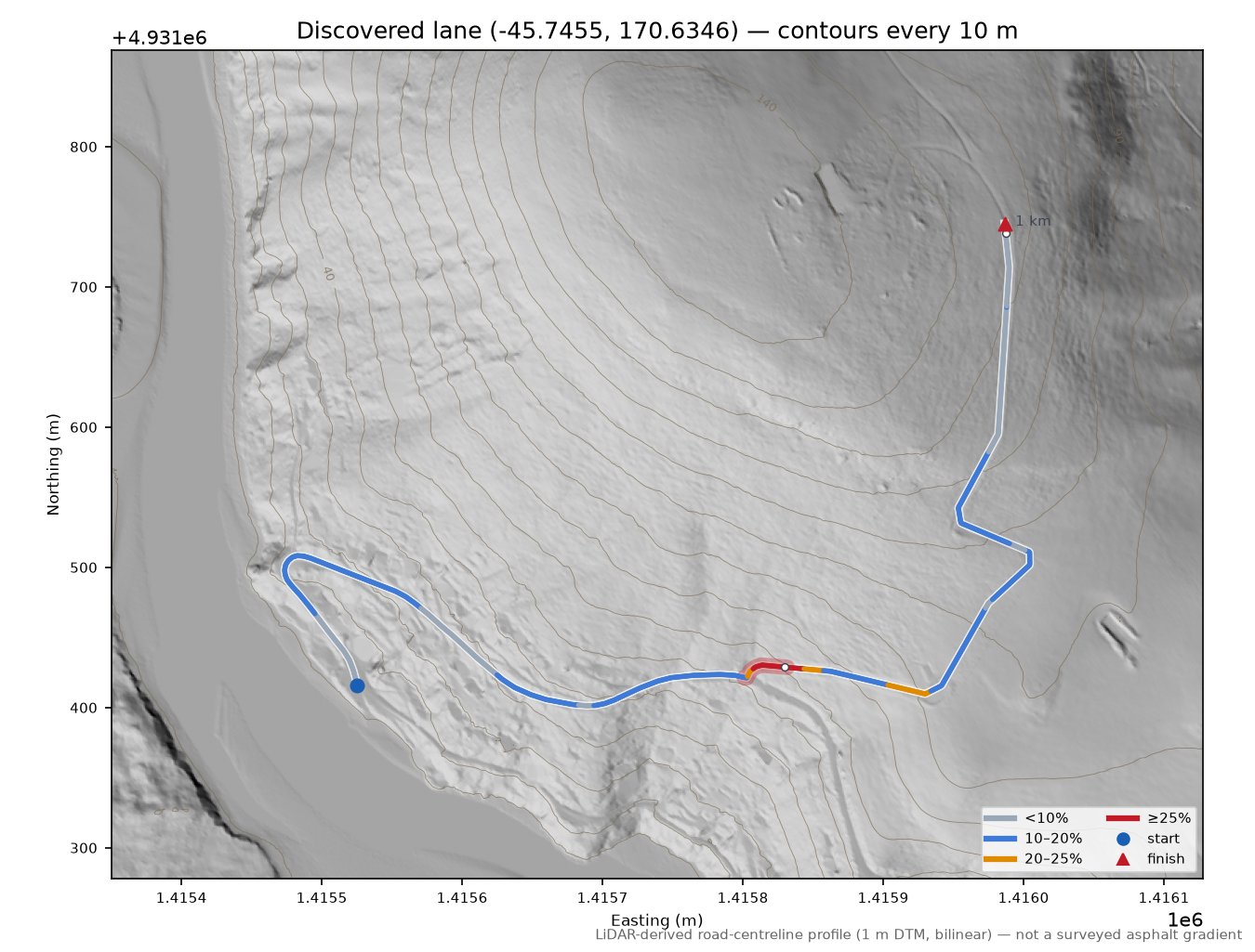 Discovered lane (-45.7455, 170.6346) LiDAR hillshade map with contours