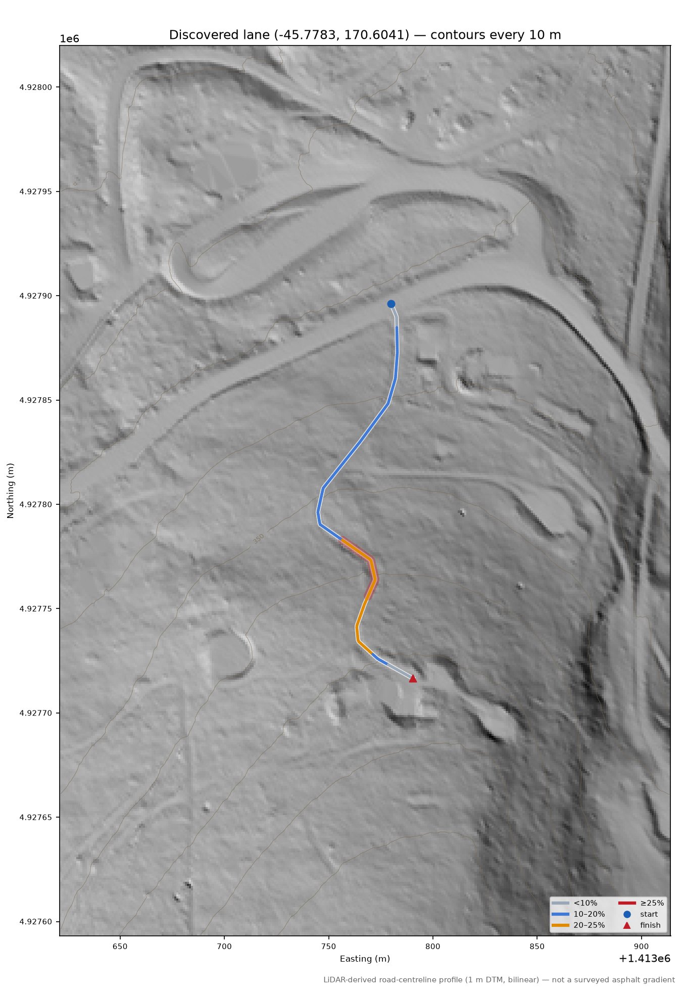 Discovered lane (-45.7783, 170.6041) LiDAR hillshade map with contours
