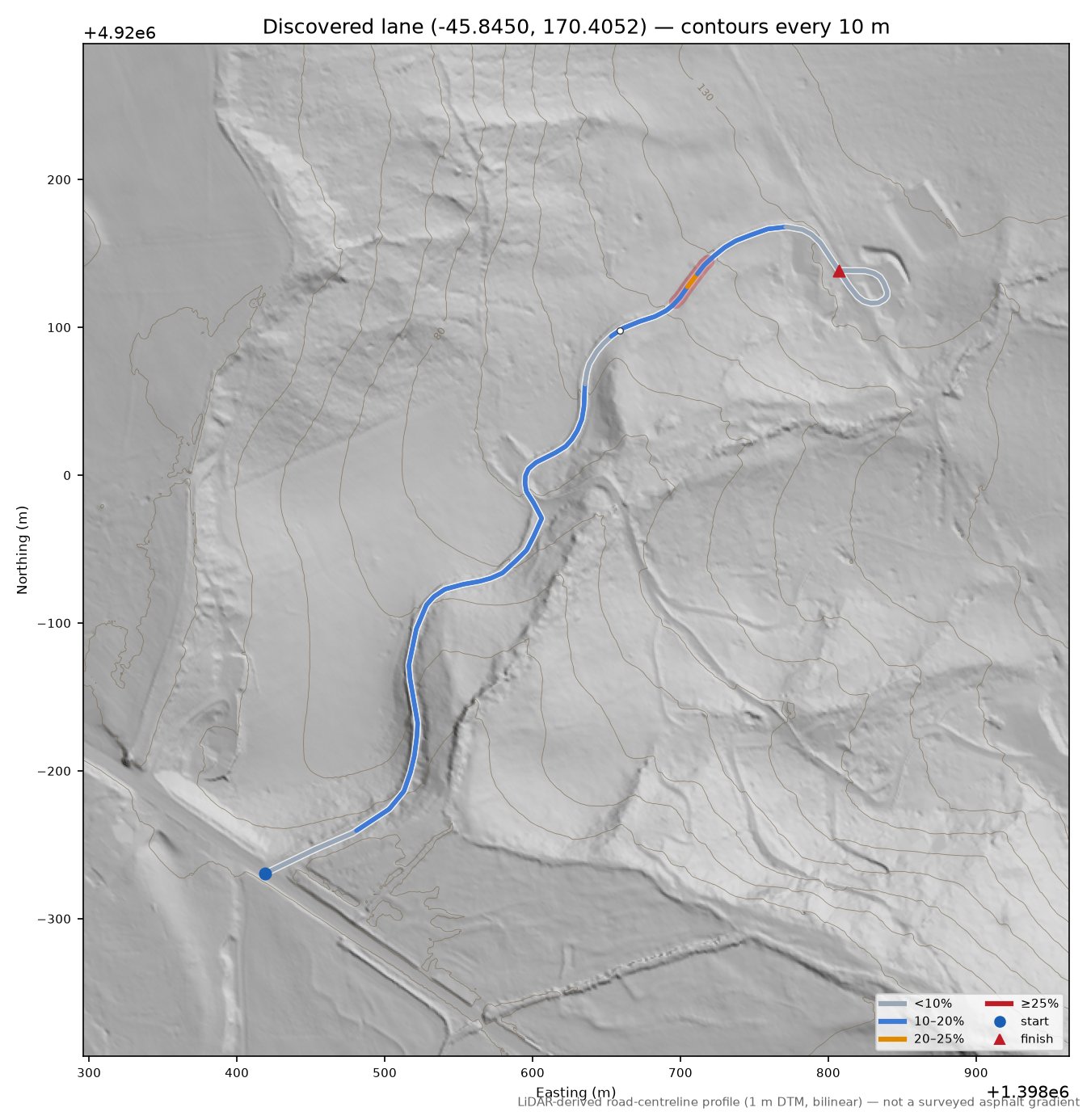 Discovered lane (-45.8450, 170.4052) LiDAR hillshade map with contours