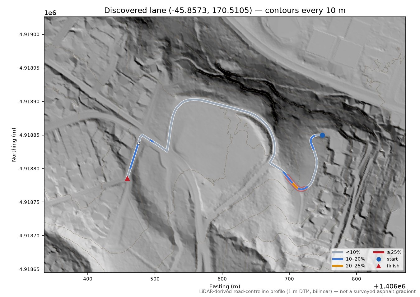 Discovered lane (-45.8573, 170.5105) LiDAR hillshade map with contours