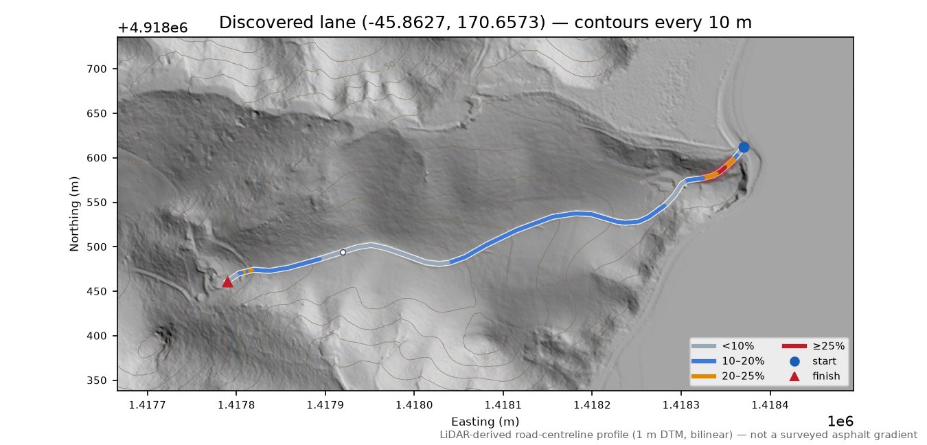 Discovered lane (-45.8627, 170.6573) LiDAR hillshade map with contours