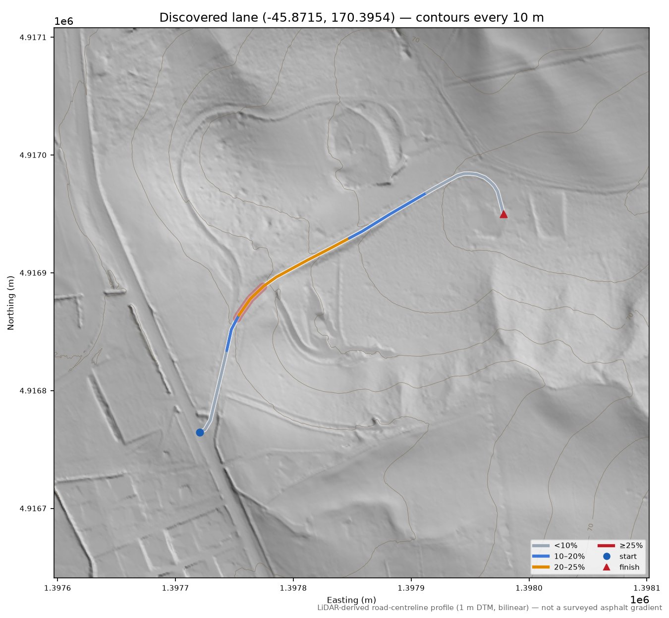 Discovered lane (-45.8715, 170.3954) LiDAR hillshade map with contours