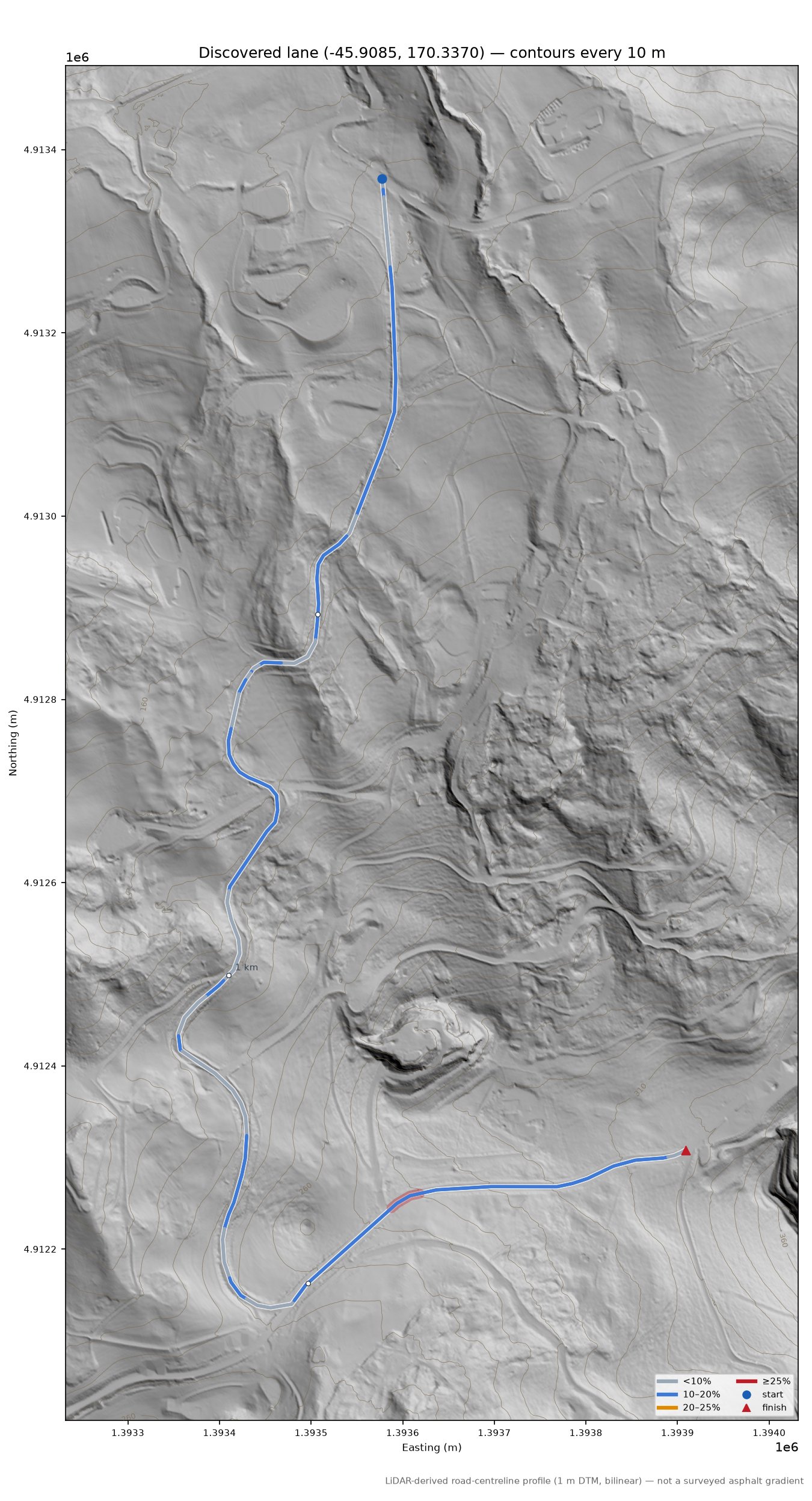 Discovered lane (-45.9085, 170.3370) LiDAR hillshade map with contours