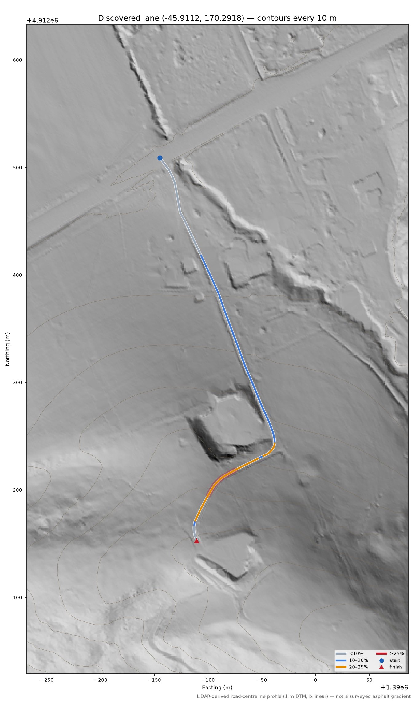 Discovered lane (-45.9112, 170.2918) LiDAR hillshade map with contours
