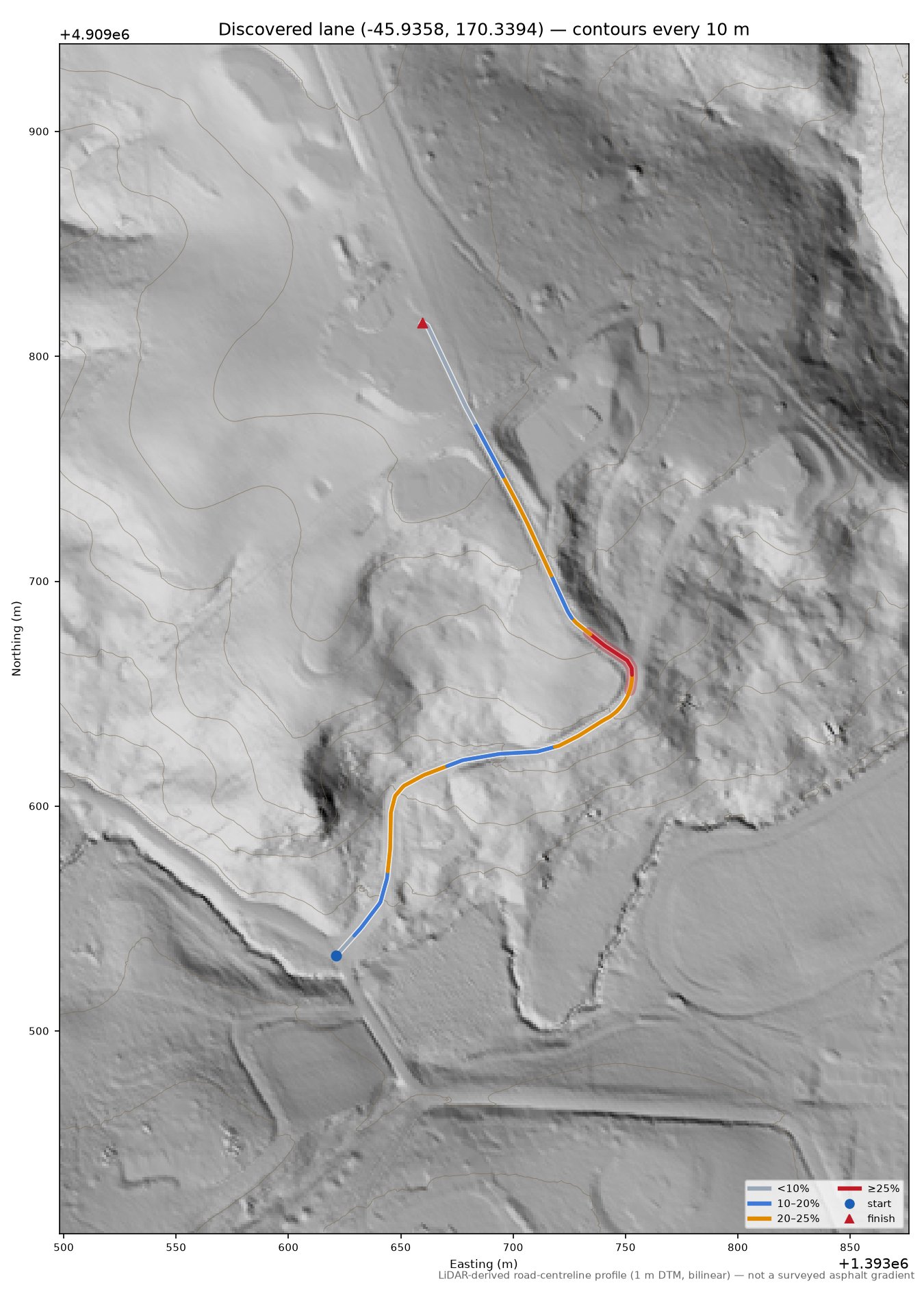 Discovered lane (-45.9358, 170.3394) LiDAR hillshade map with contours