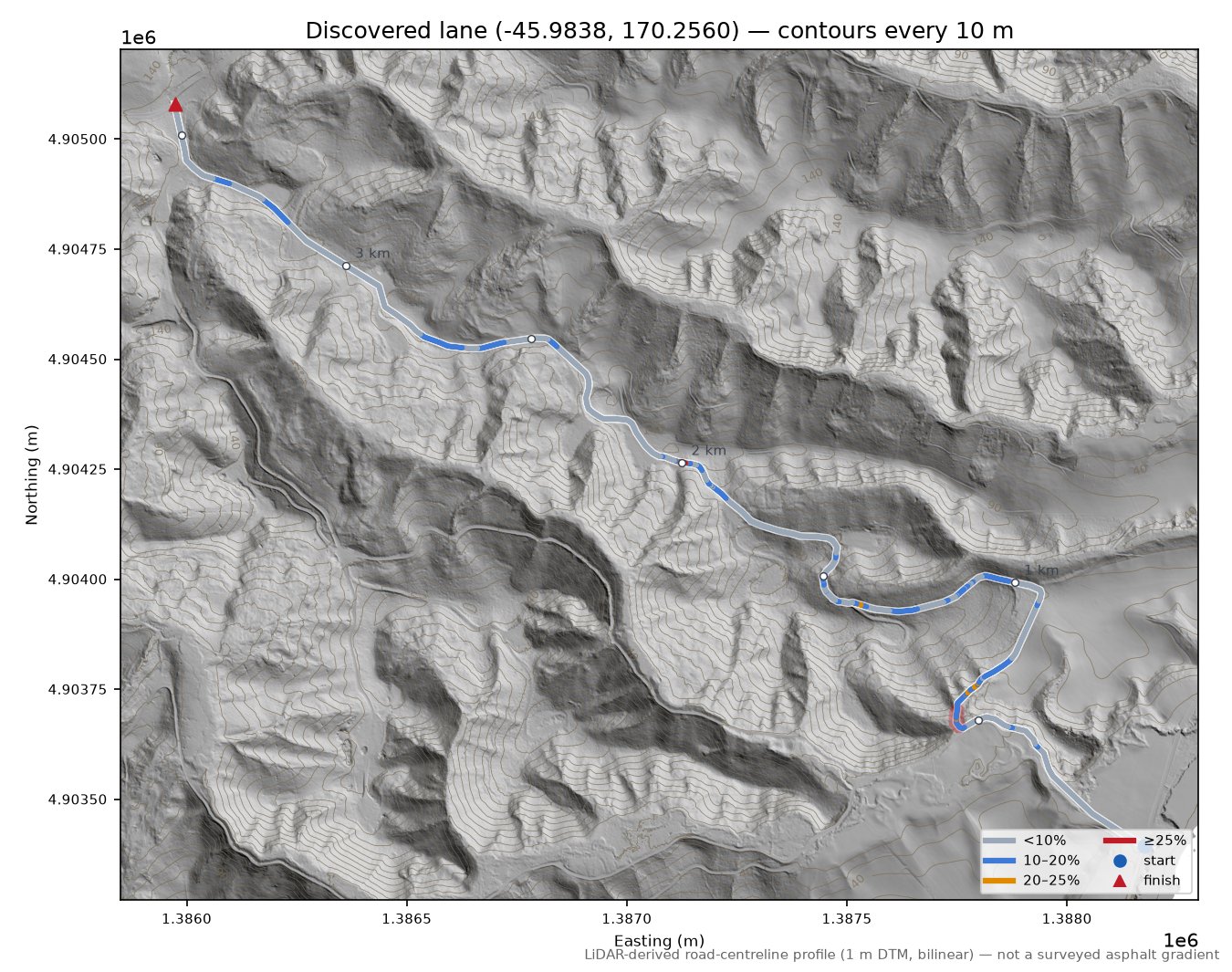 Discovered lane (-45.9838, 170.2560) LiDAR hillshade map with contours